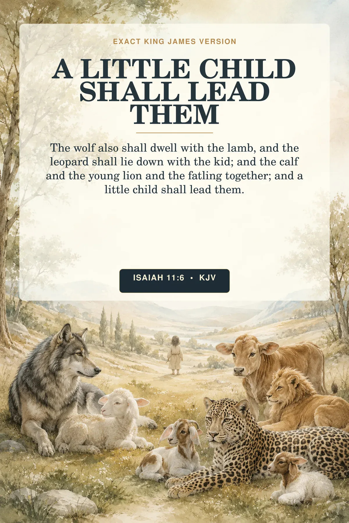 Isaiah 11:6 KJV A Little Child Shall Lead Them Christian nursery printable showing a harmonious premium watercolor animal gathering with wolf, lamb, leopard, kid, calf, young lion, and a distant faceless child silhouette.