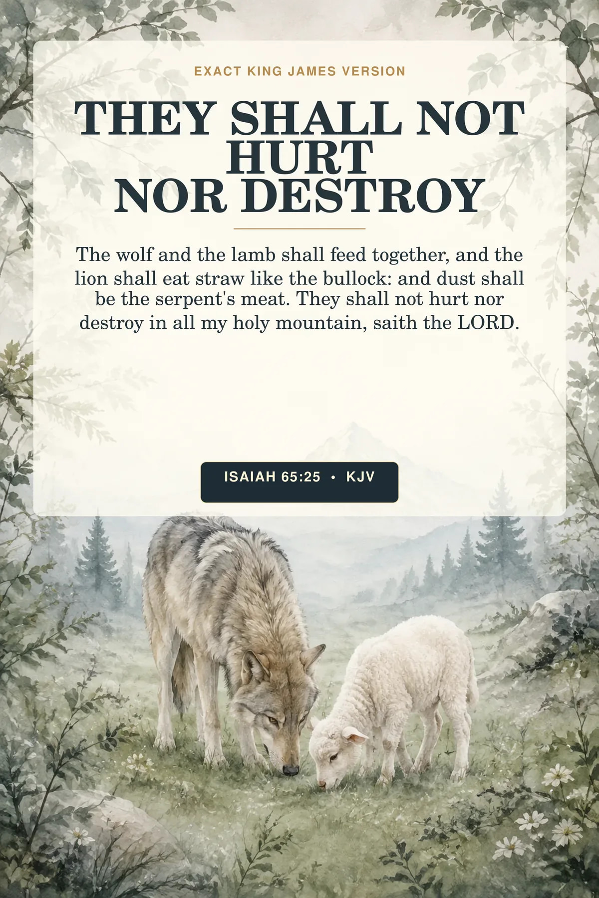 Isaiah 65:25 KJV They Shall Not Hurt nor Destroy Christian nursery printable showing a gentle wolf and lamb feeding side by side in a misty woodland meadow beneath a small distant holy mountain.