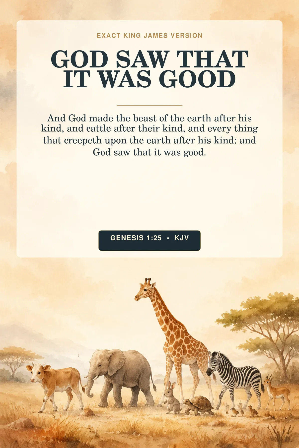 Genesis 1:25 KJV — God Made the Beast of the Earth, Genesis 1:25 KJV Animal Nursery Art Genesis 1:25 KJV God Saw That It Was Good Christian nursery printable showing a refined procession of farm and safari animals crossing a warm grassland, led by a gentle calf with smaller creatures nearby.