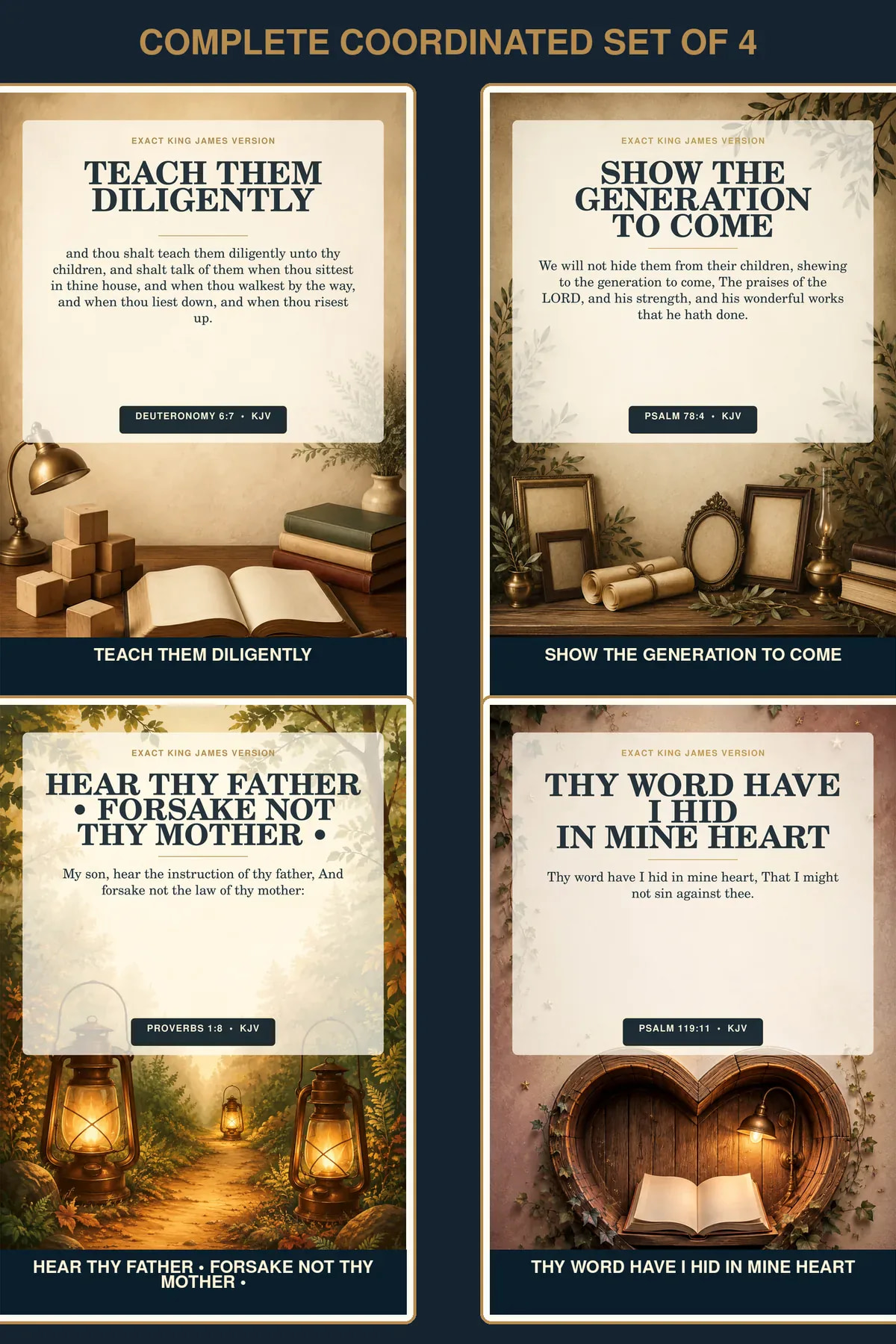 Christian Homeschool Scripture Wall Art Set of 4, KJV Classroom Bundle Christian Homeschool • Set of 4 KJV Christian nursery wall art set of four using the actual component designs.