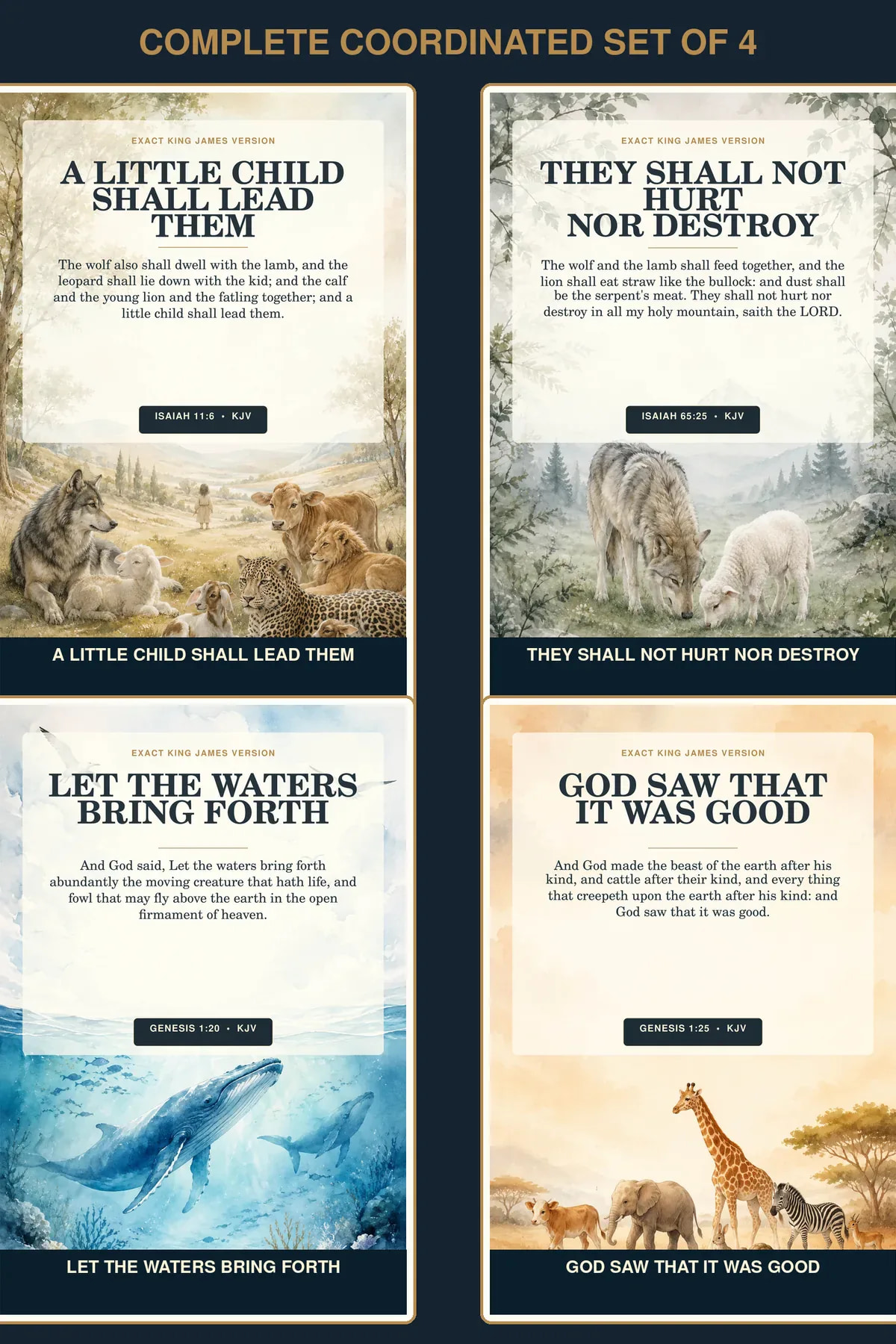 Christian Creation Animals Nursery Wall Art Set of 4, KJV Bible Prints Creation Animals • Set of 4 KJV Christian nursery wall art set of four using the actual component designs.