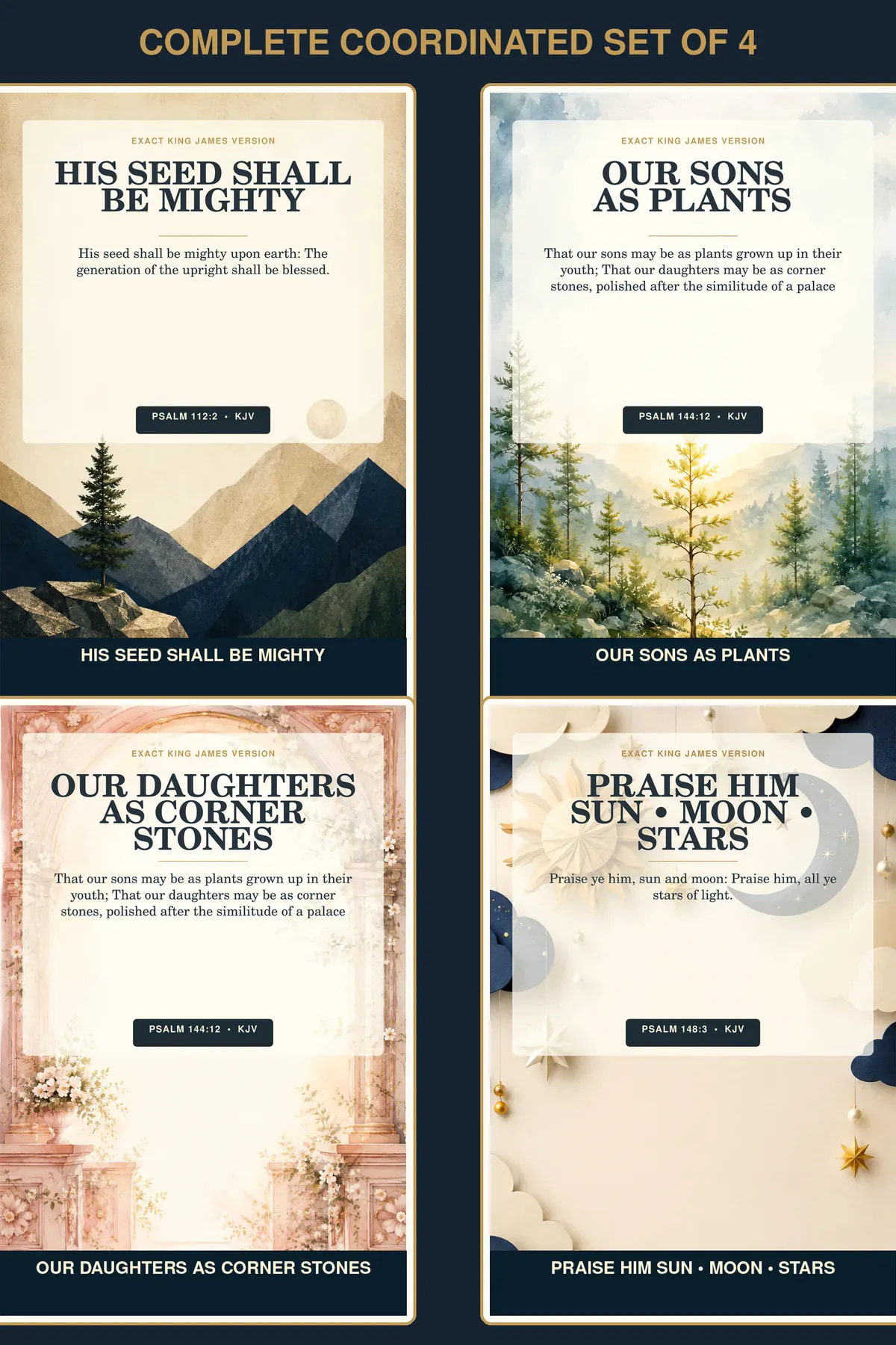 Sons & Daughters • Set of 4 KJV Christian nursery wall art set of four using the actual component designs.