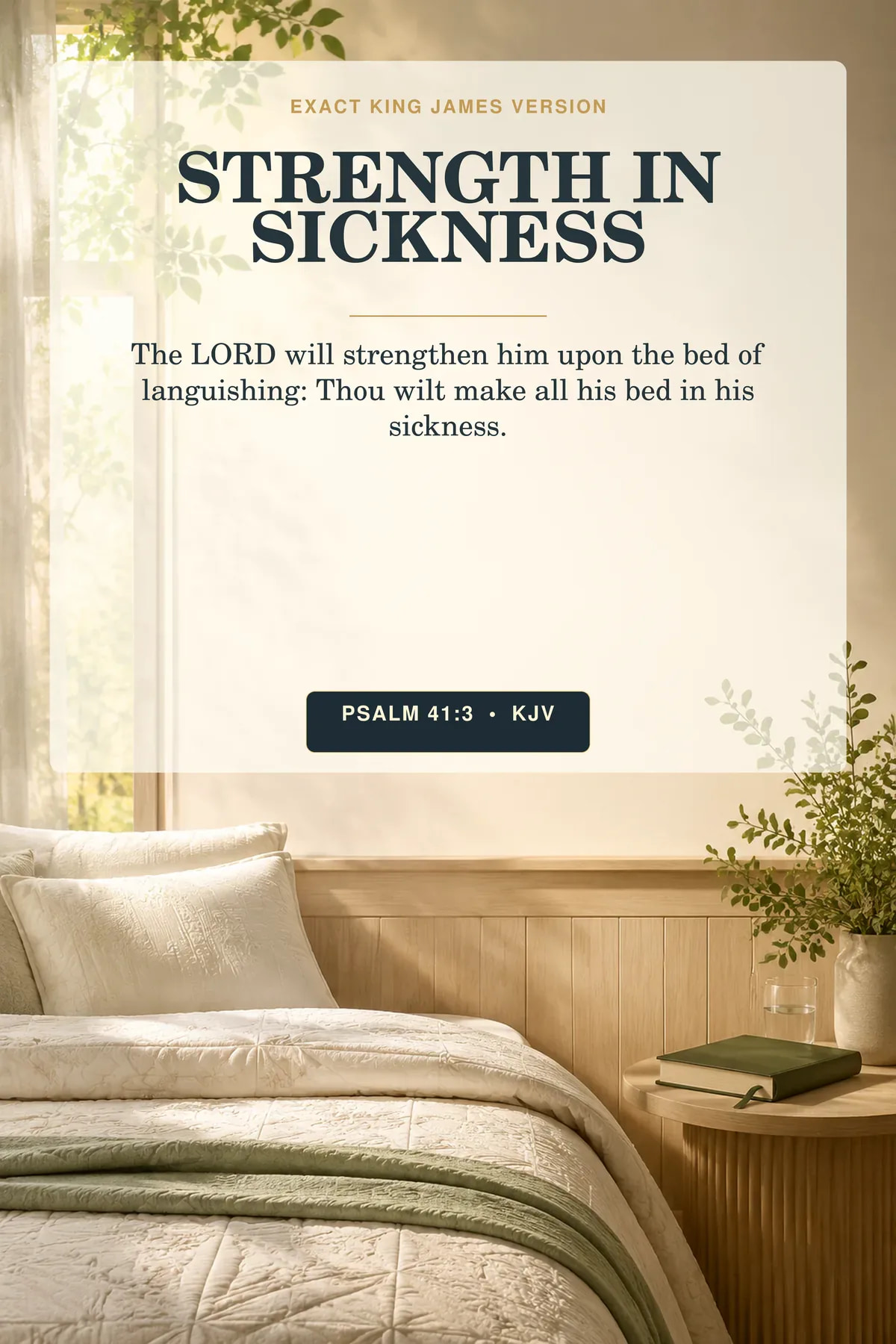 Psalm 41:3 KJV — Strength in Sickness Wall Art, Psalm 41:3 KJV Comfort Printable Psalm 41:3 KJV strength in sickness Psalm 41:3 wall art with an unoccupied bed with a hand-stitched cream quilt, a water glass and closed Bible on the table, morning light entering through green leaves