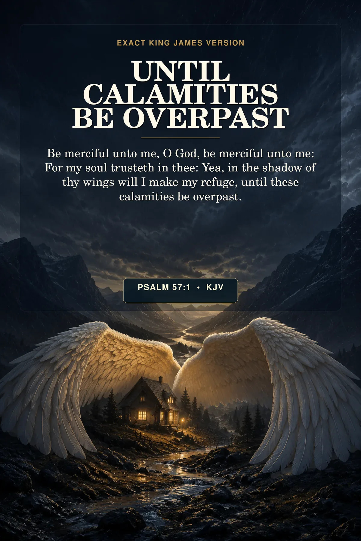 Psalm 57:1 KJV until calamities be overpast wall art with vast ivory wings sheltering a small lamp-lit house as rain crosses a dark valley, the storm opening to a narrow gold horizon and no deity figure