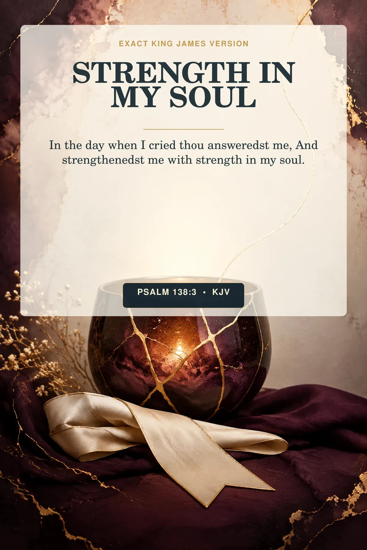 Psalm 138:3 KJV strength in my soul Psalm 138:3 wall art with a deep-purple kintsugi vessel glowing from within beside a folded testimony ribbon and one rising gold thread, with no text on the ribbon