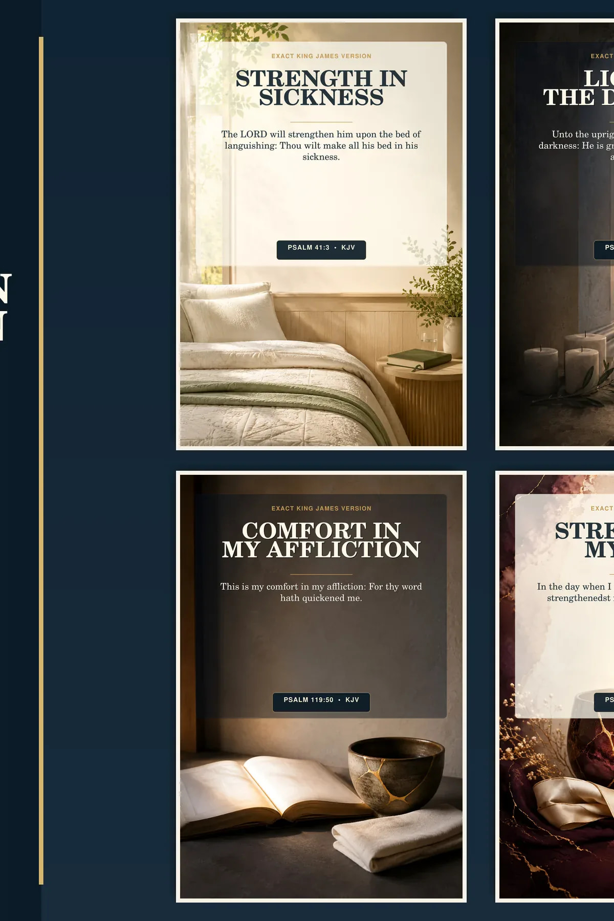 KJV comfort in affliction Psalm wall art set with 4 coordinated Christian printable designs