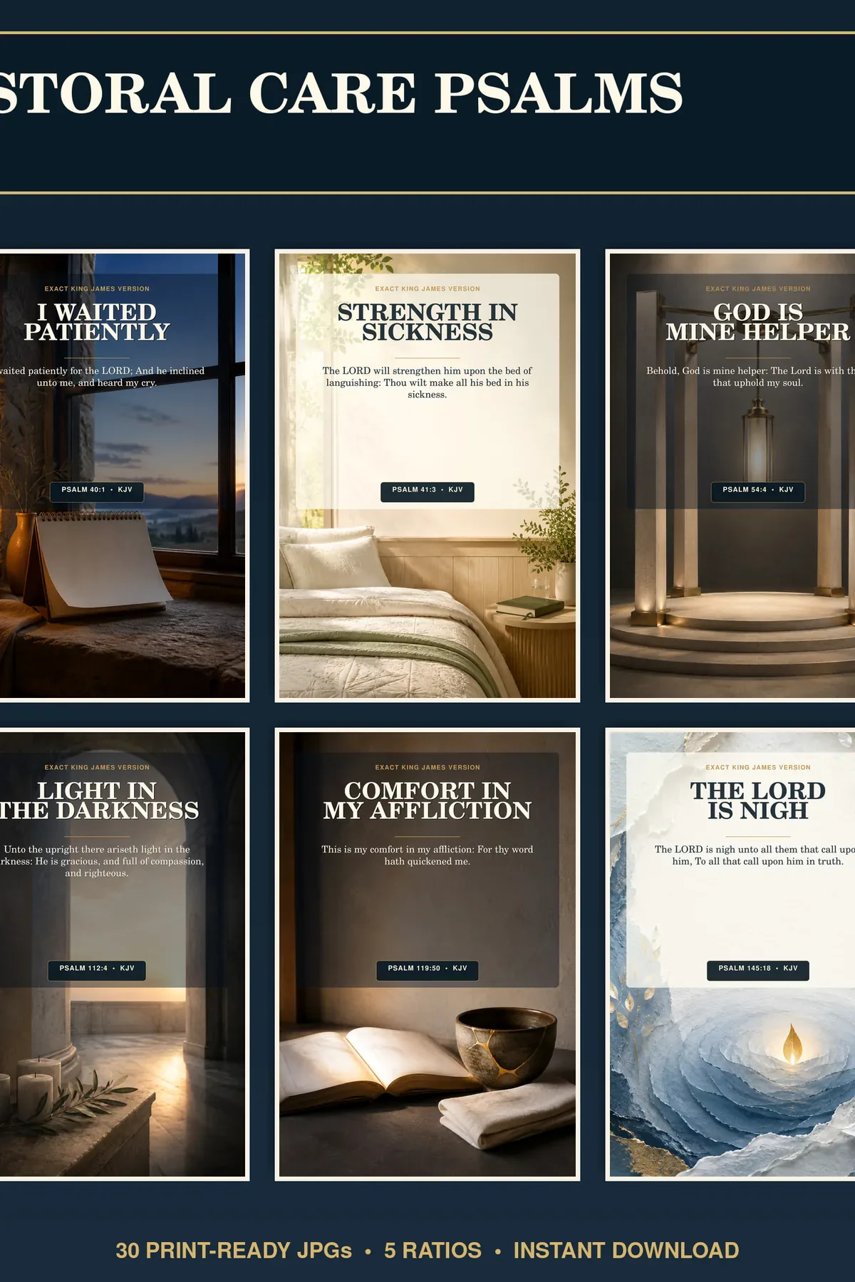 Pastoral care Psalm wall art set of six coordinated KJV Christian printable designs