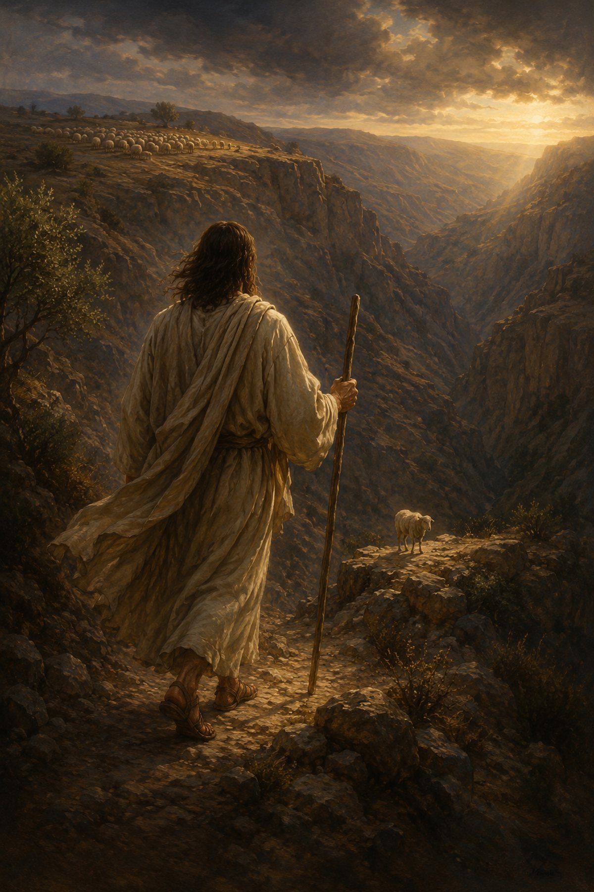 Jesus Leaves the 99 premium Christian wall art from the Good Shepherd / Lost Sheep collection, with Jesus shown reverently without detailed facial depiction.