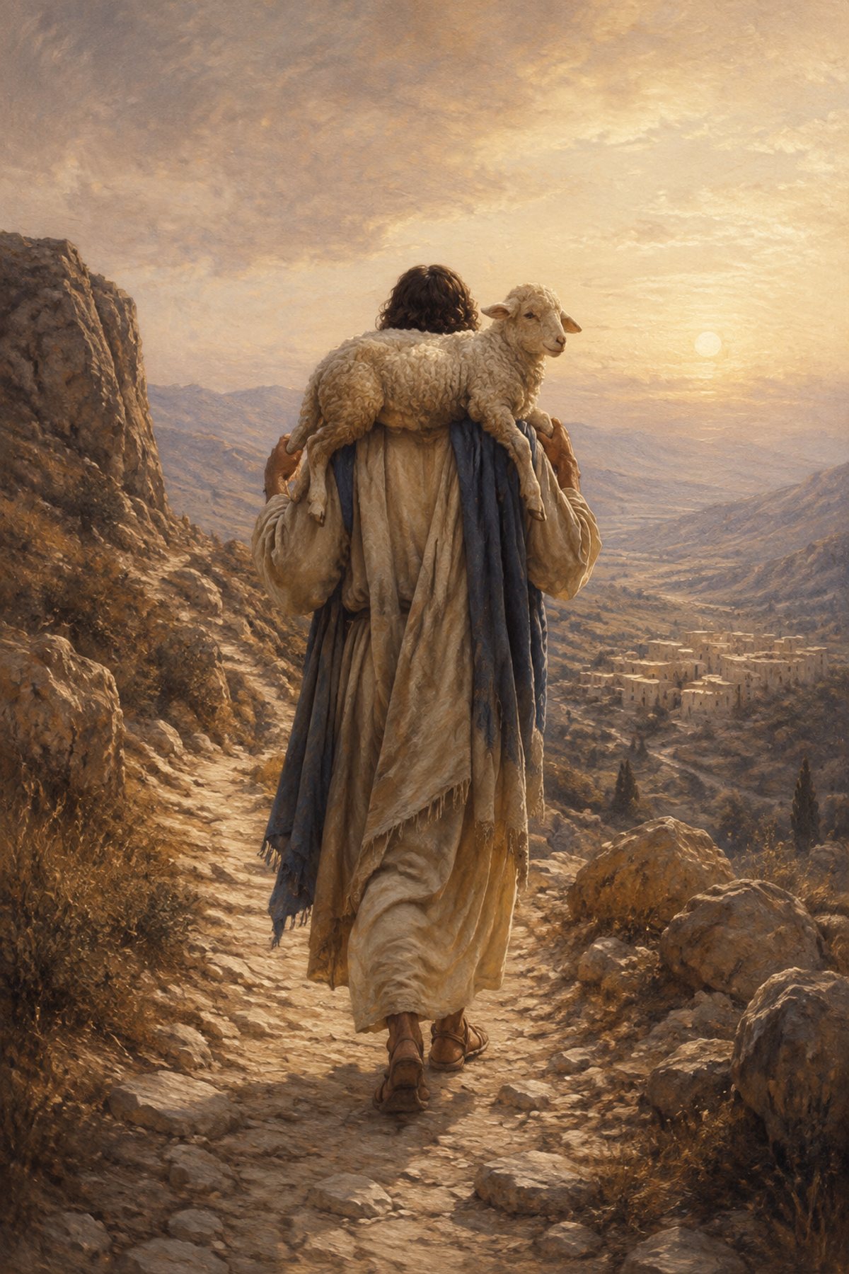 Jesus Carrying the Lost Sheep premium Christian wall art from the Good Shepherd / Lost Sheep collection, with Jesus shown reverently without detailed facial depiction.