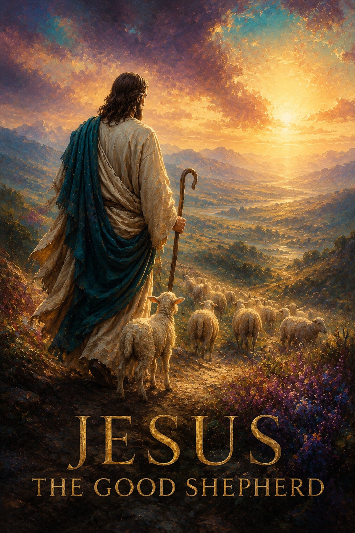 Jesus the Good Shepherd With His Flock premium Christian wall art from the Good Shepherd / Lost Sheep collection, with Jesus shown reverently without detailed facial depiction.