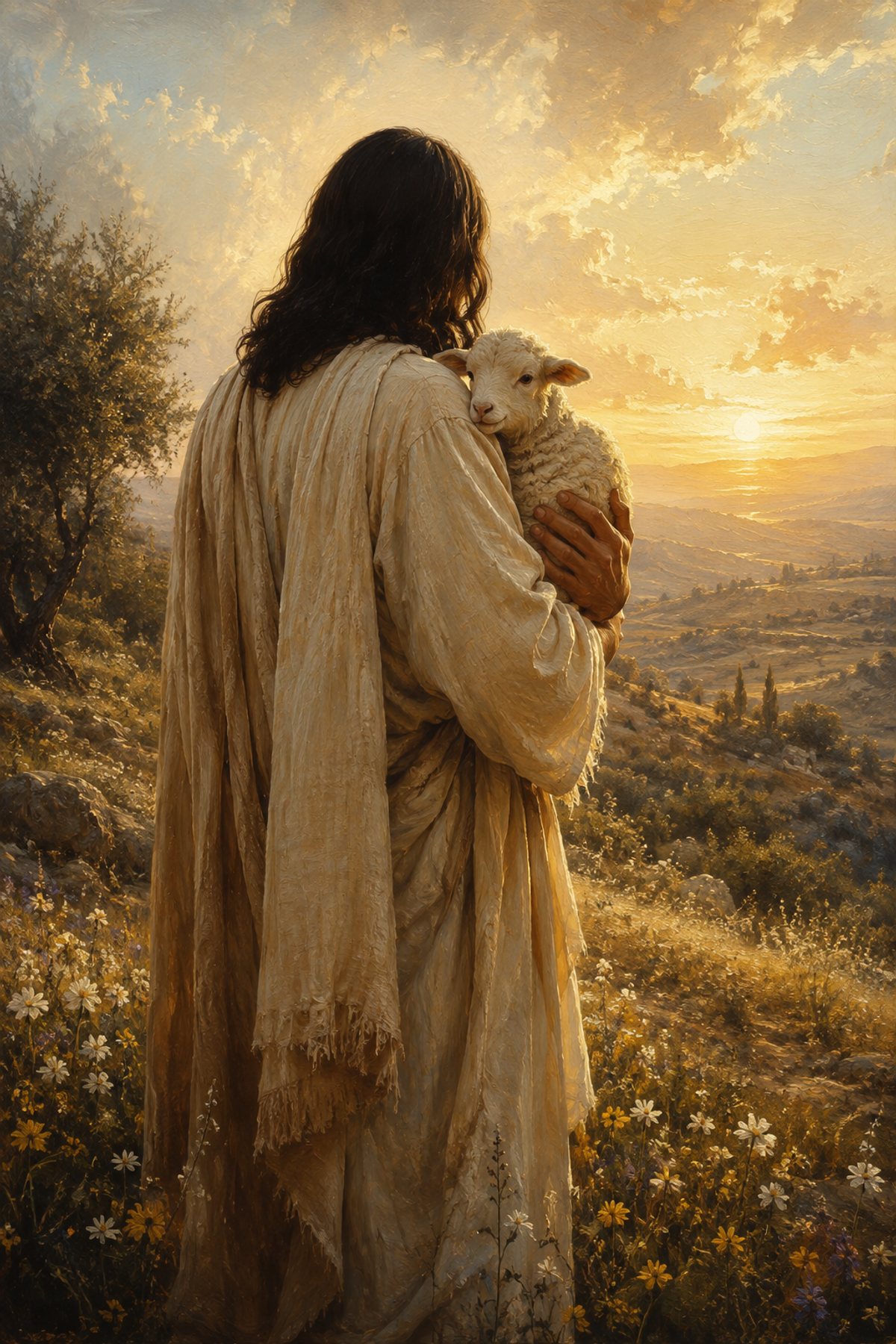 Jesus Holding a Lamb premium Christian wall art from the Good Shepherd / Lost Sheep collection, with Jesus shown reverently without detailed facial depiction.