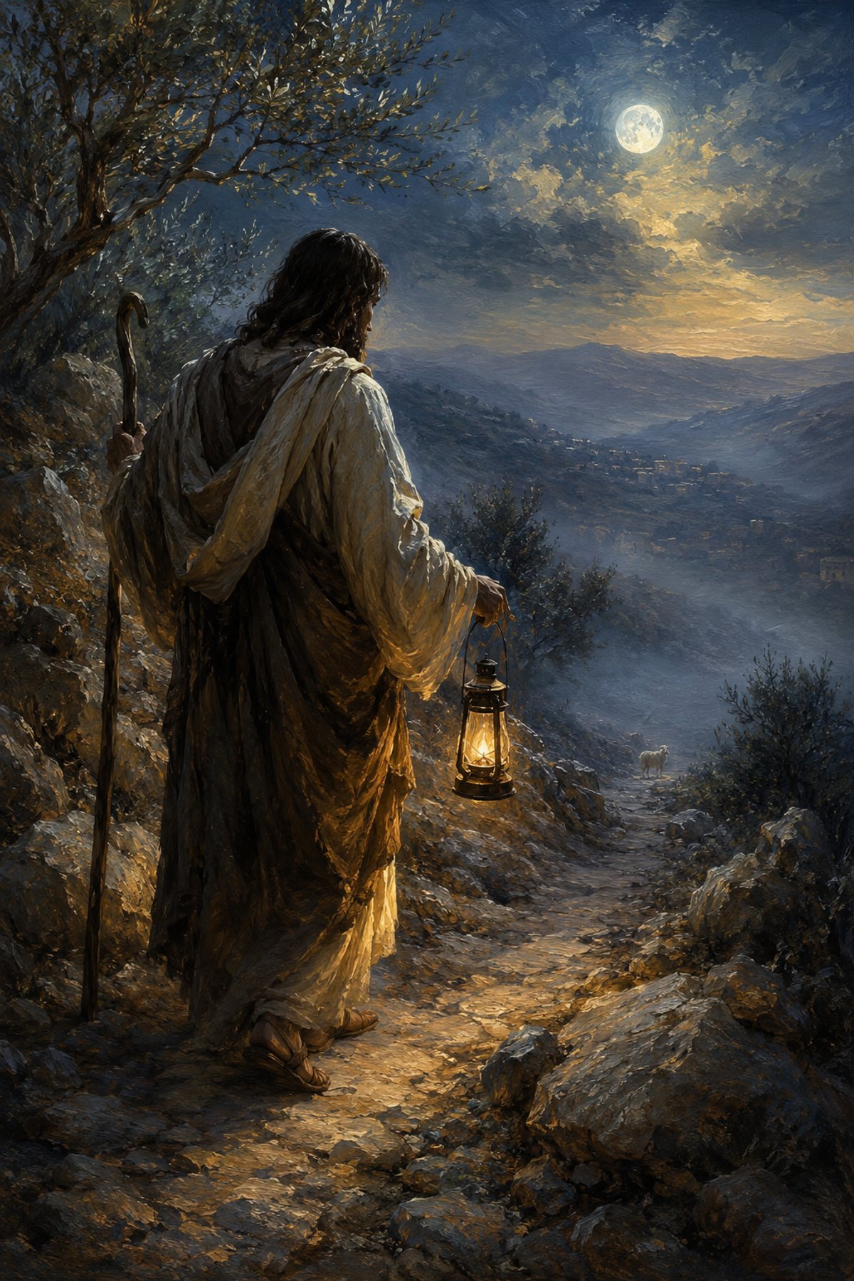 Jesus Searching for the Lost Sheep premium Christian wall art from the Good Shepherd / Lost Sheep collection, with Jesus shown reverently without detailed facial depiction.