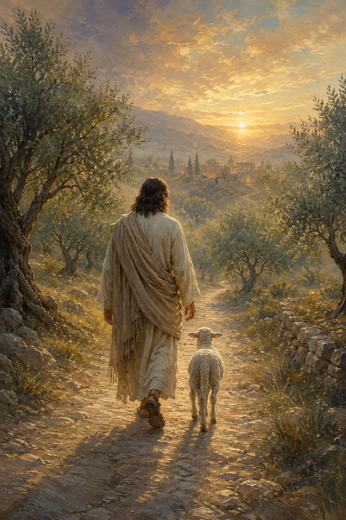 Jesus Walking Home With the Lamb premium Christian wall art from the Good Shepherd / Lost Sheep collection, with Jesus shown reverently without detailed facial depiction.