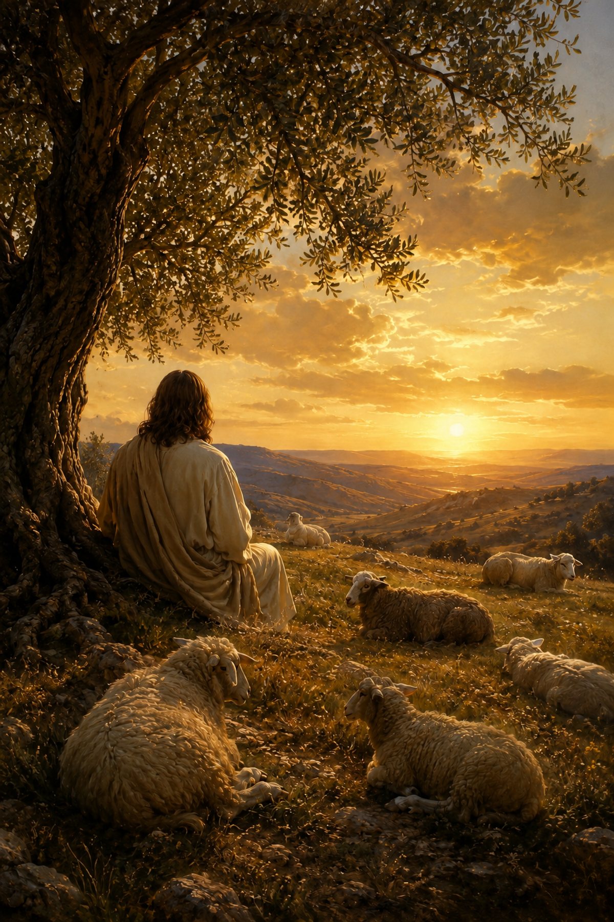 Jesus and Sheep at Golden Sunset premium Christian wall art from the Good Shepherd / Lost Sheep collection, with Jesus shown reverently without detailed facial depiction.