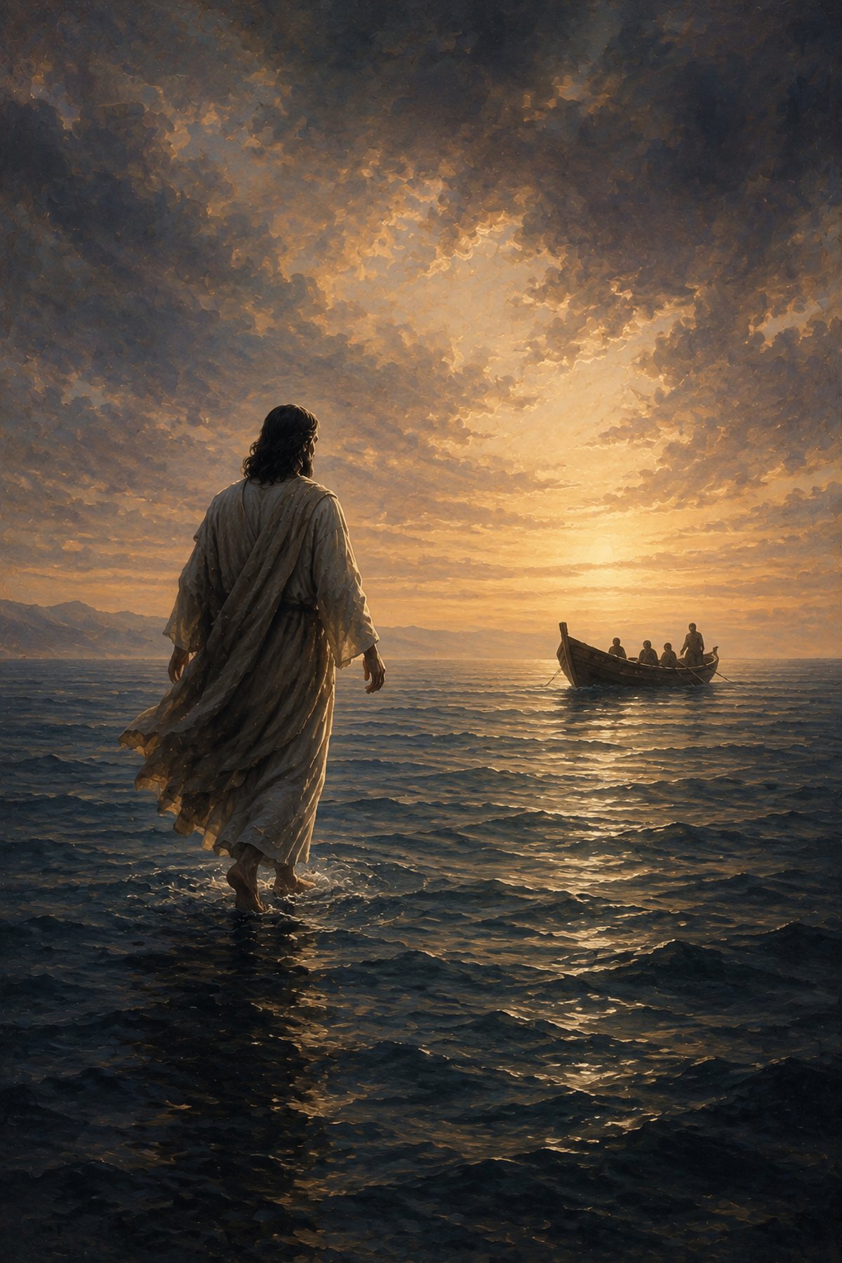 Jesus Walking on Water premium Christian wall art from the Walking on Water / Storm collection, with Jesus shown reverently without detailed facial depiction.