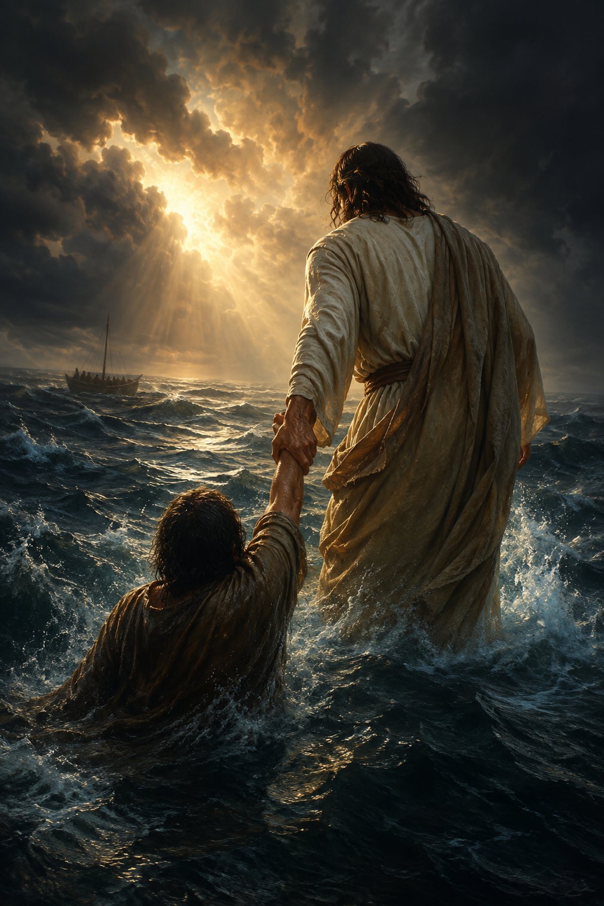 Jesus Reaching for Peter premium Christian wall art from the Walking on Water / Storm collection, with Jesus shown reverently without detailed facial depiction.