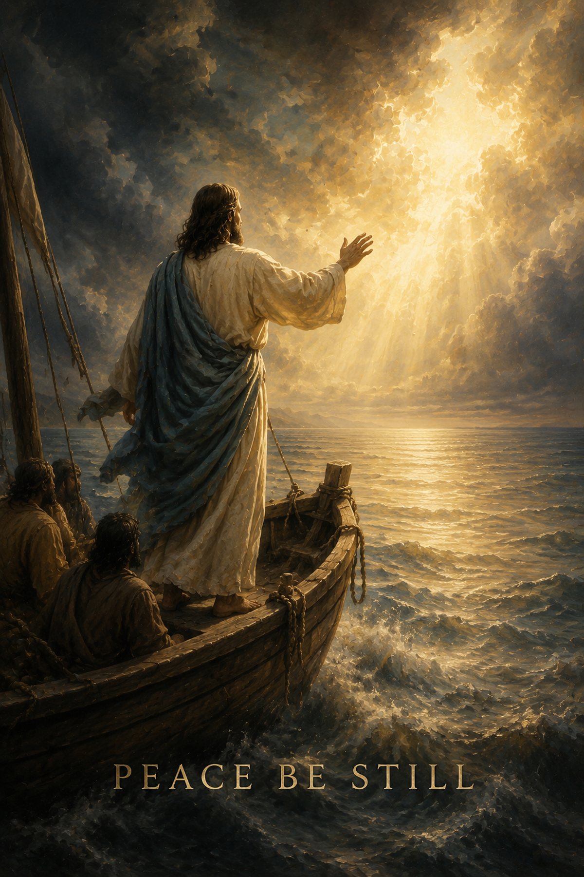 Peace Be Still premium Christian wall art from the Walking on Water / Storm collection, with Jesus shown reverently without detailed facial depiction.