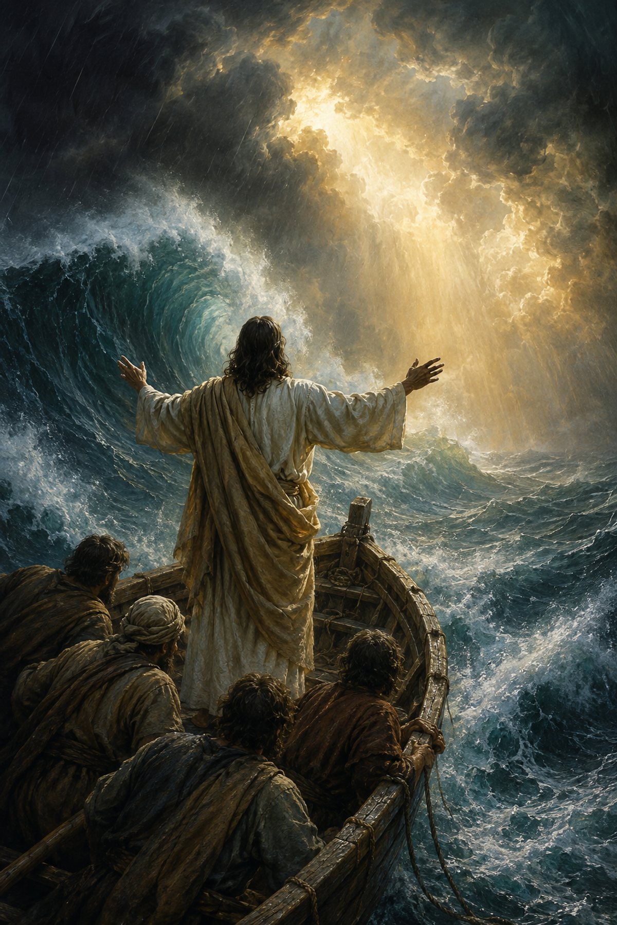 Jesus Calming the Storm premium Christian wall art from the Walking on Water / Storm collection, with Jesus shown reverently without detailed facial depiction.