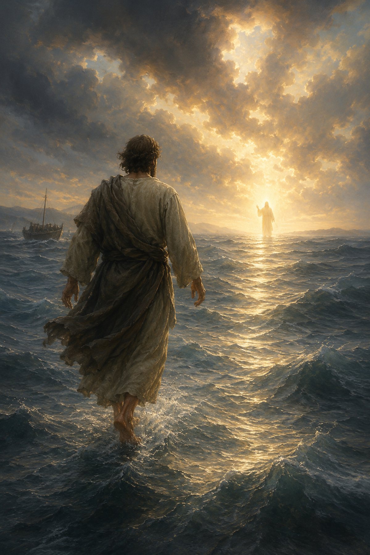 Peter Walking Toward Jesus premium Christian wall art from the Walking on Water / Storm collection, with Jesus shown reverently without detailed facial depiction.