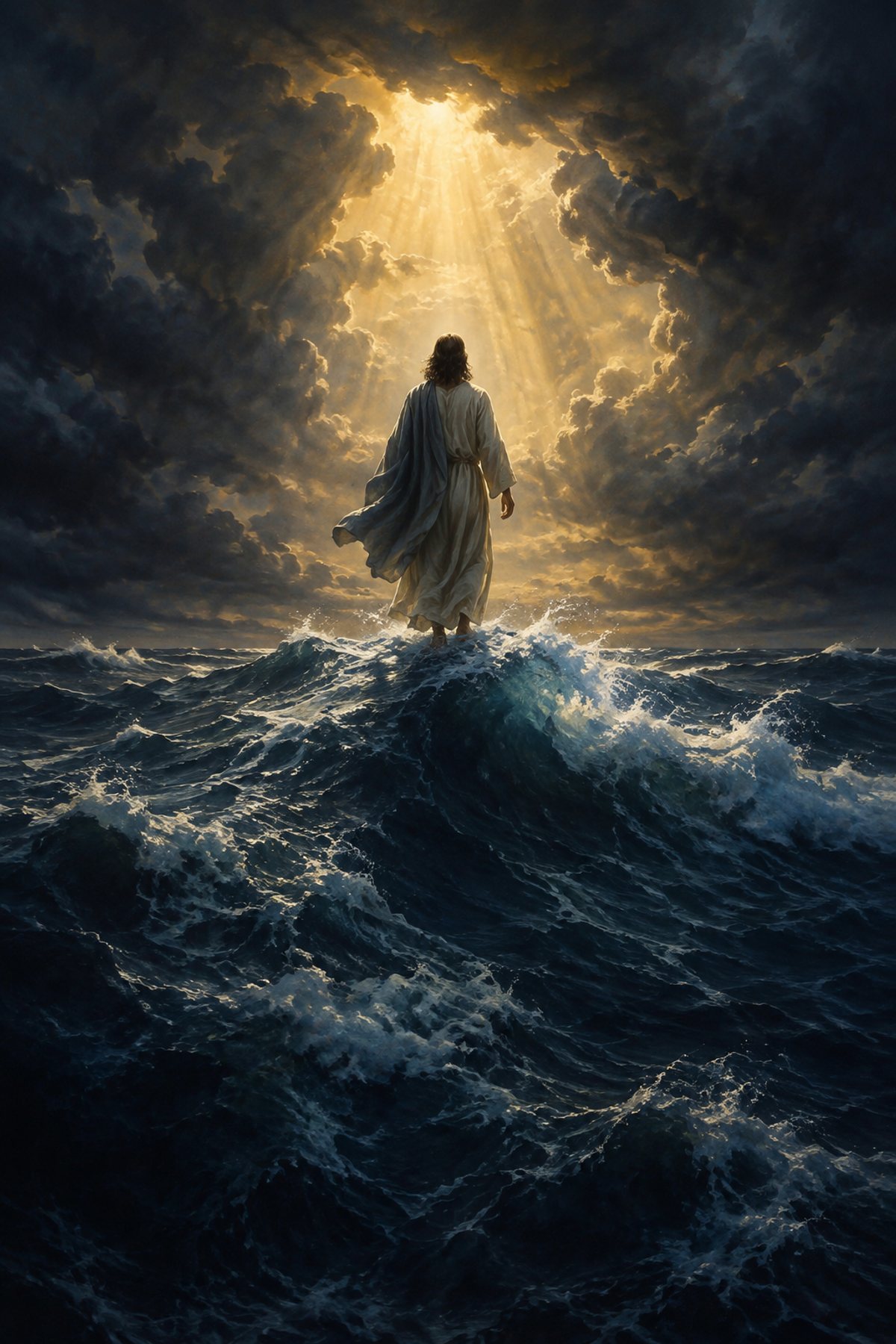 Jesus Above the Waves premium Christian wall art from the Walking on Water / Storm collection, with Jesus shown reverently without detailed facial depiction.
