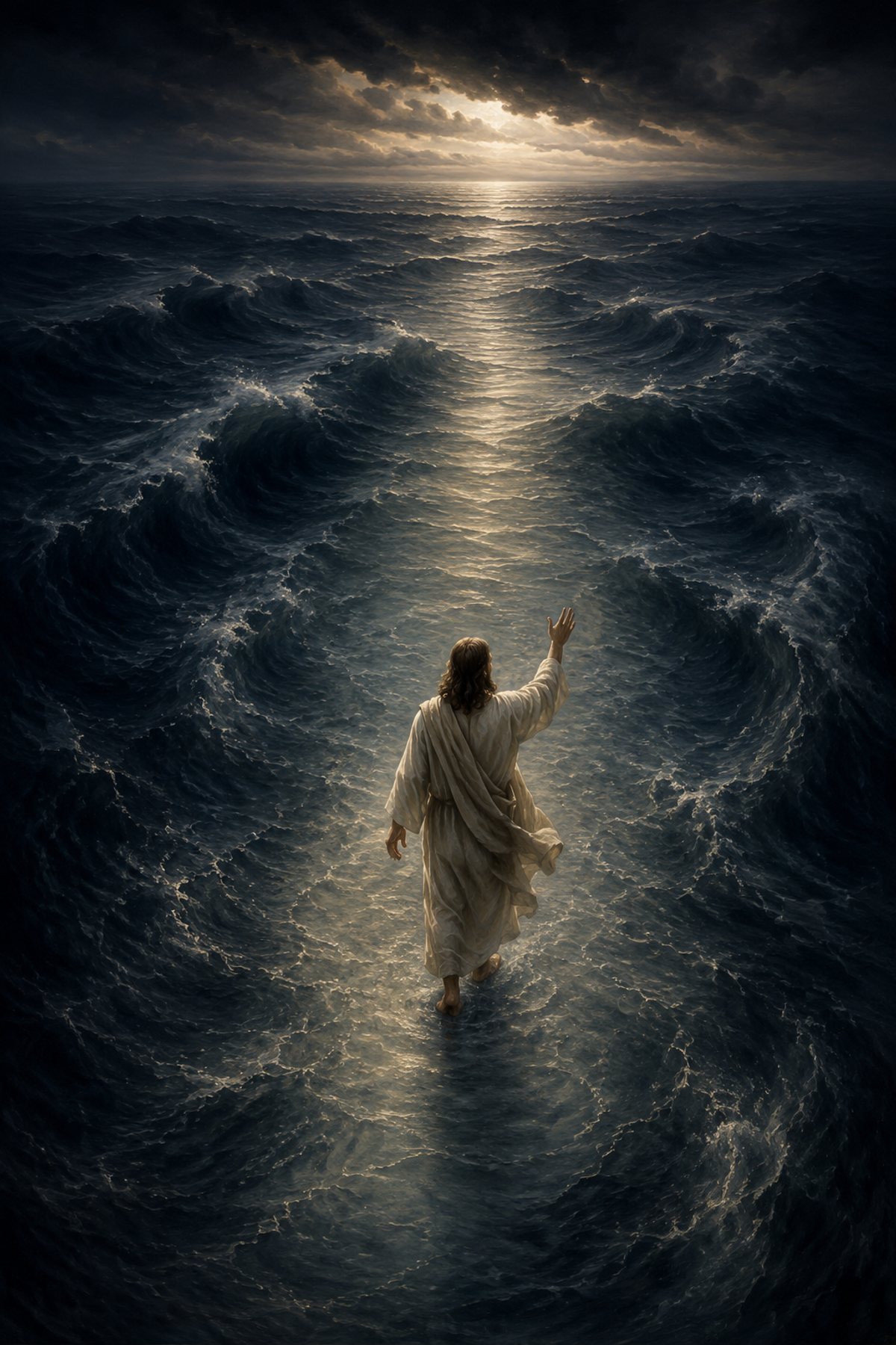 Fear Not – Jesus on the Sea premium Christian wall art from the Walking on Water / Storm collection, with Jesus shown reverently without detailed facial depiction.