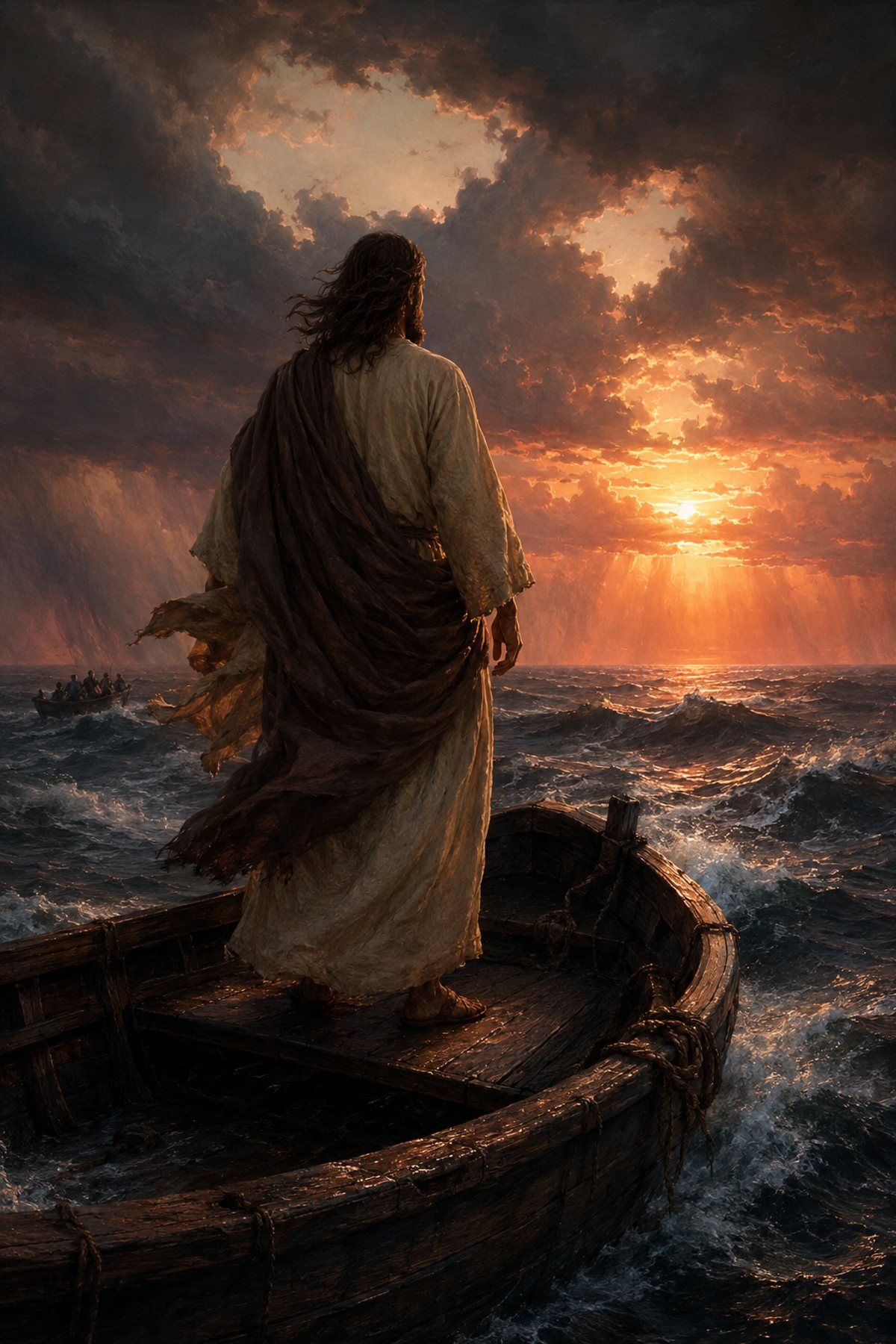 Jesus in the Storm at Sunset premium Christian wall art from the Walking on Water / Storm collection, with Jesus shown reverently without detailed facial depiction.