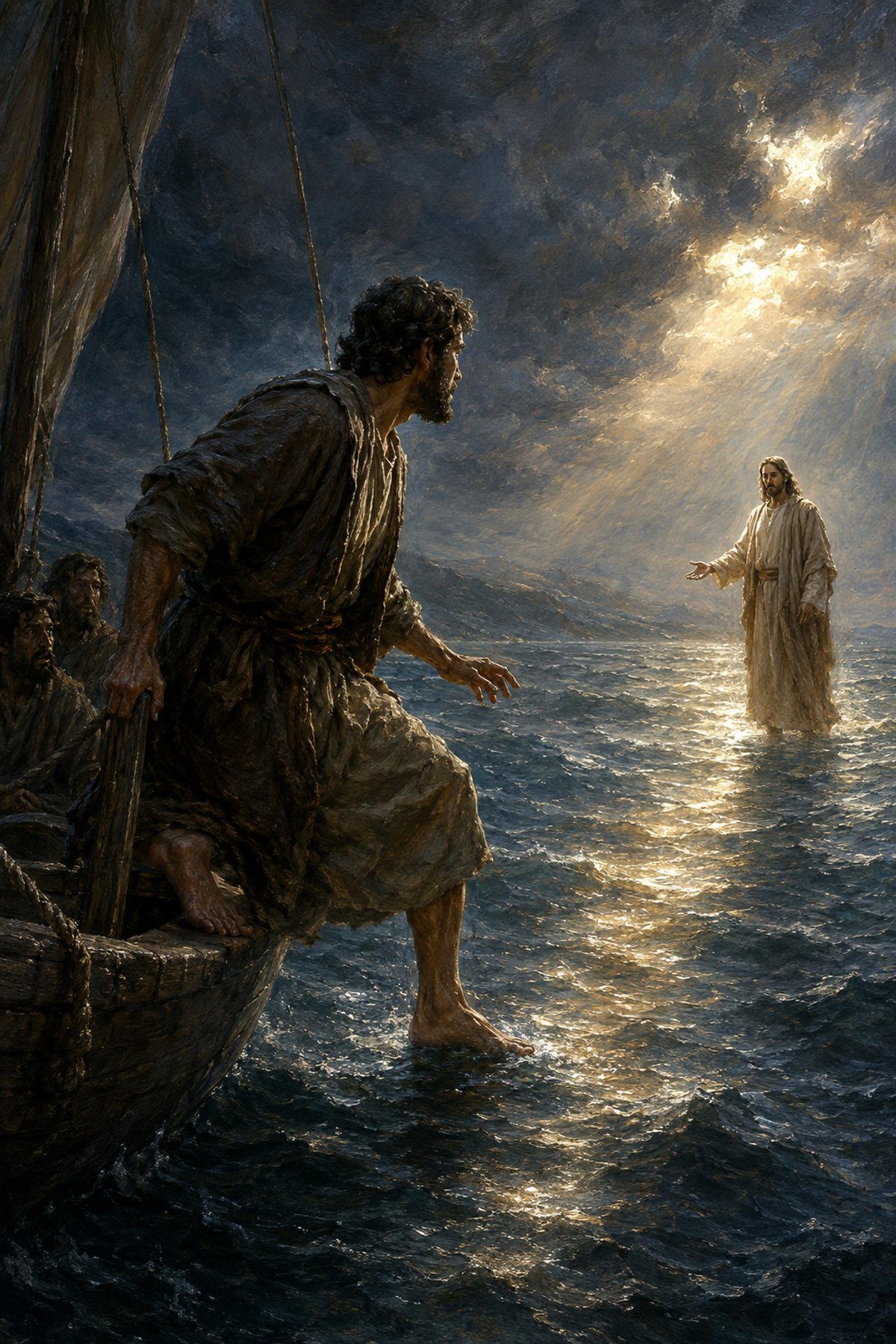Faith Over Fear – Walking on Water premium Christian wall art from the Walking on Water / Storm collection, with Jesus shown reverently without detailed facial depiction.