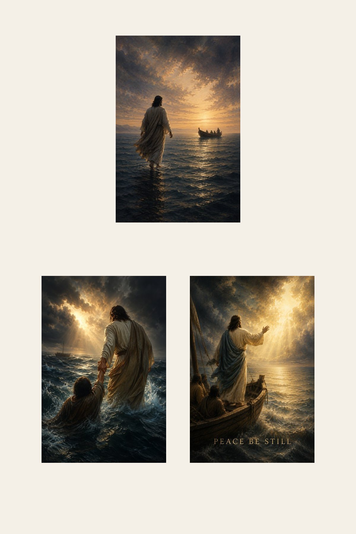 Walking on Water Faith Set of 3 premium Christian wall art bundle displayed as a clean gallery with all 3 included artworks visible.