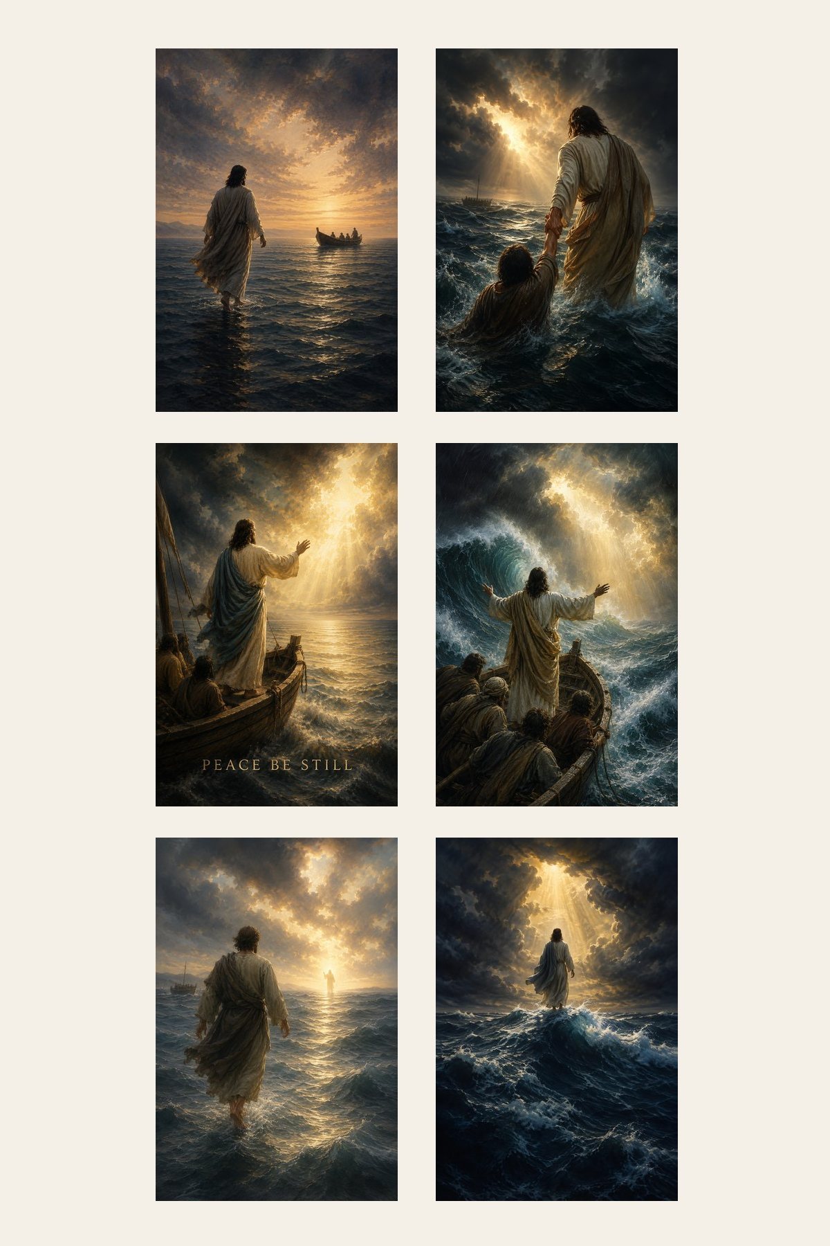 Walking on Water and Storm Set of 6 premium Christian wall art bundle displayed as a clean gallery with all 6 included artworks visible.