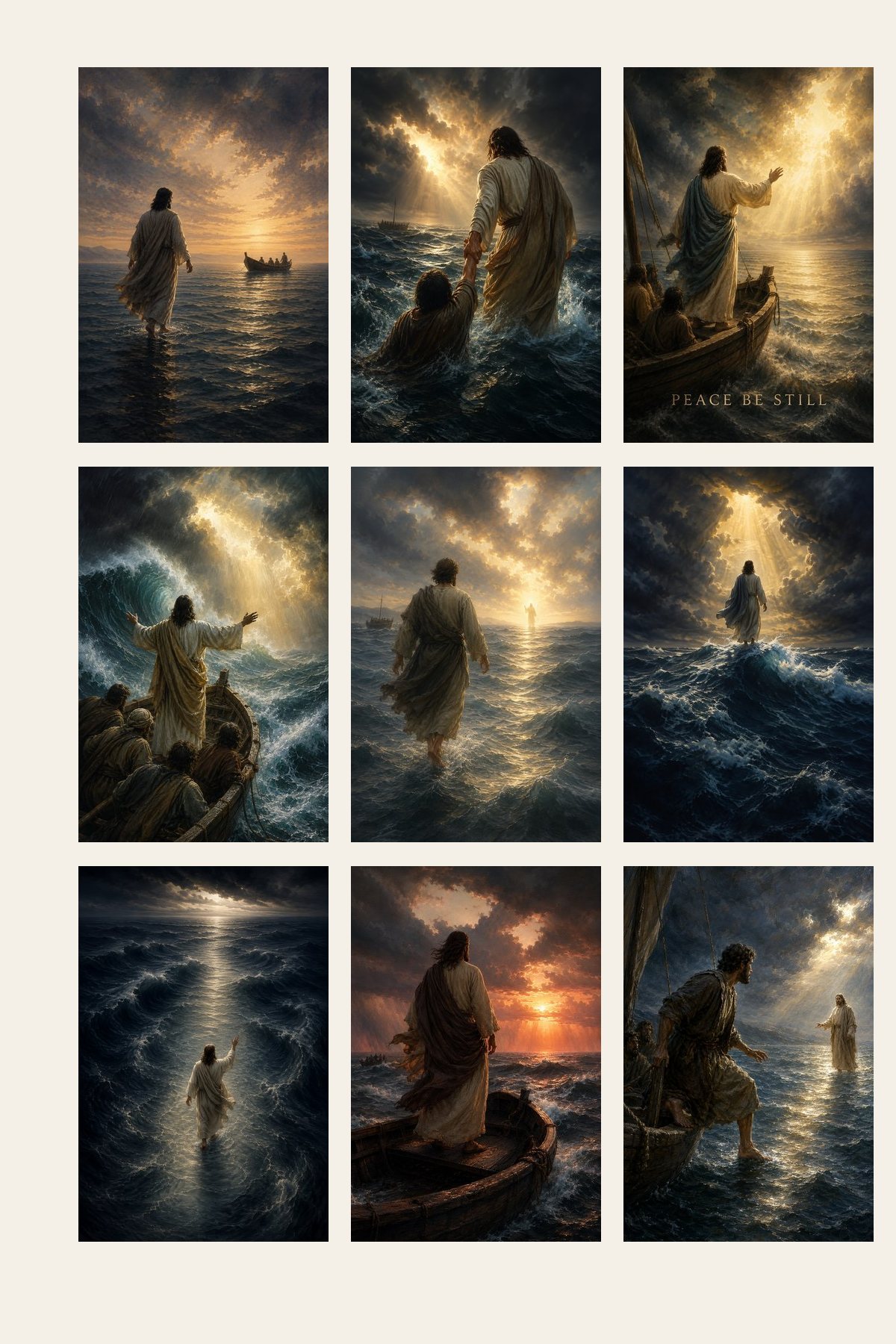 Complete Walking on Water and Storm Collection Set of 9 premium Christian wall art bundle displayed as a clean gallery with all 9 included artworks visible.