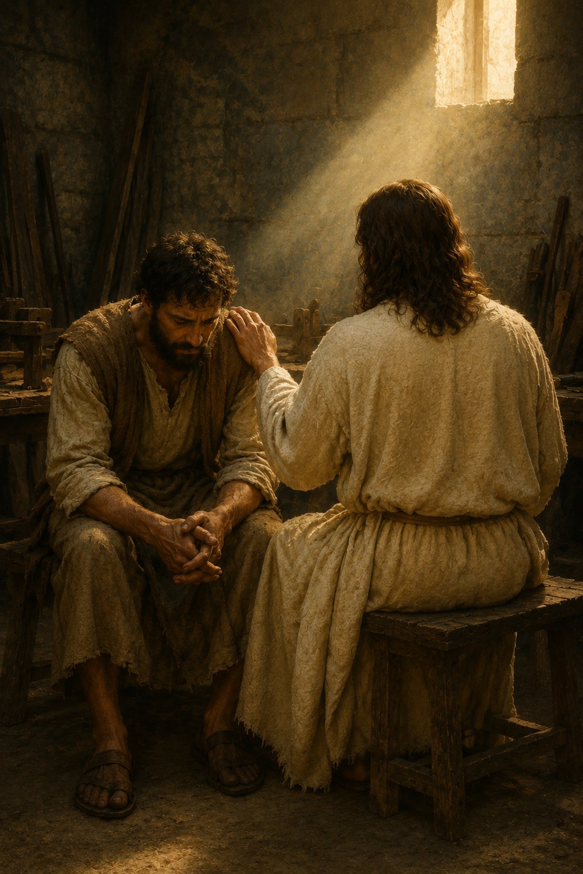 Jesus Comforting a Broken Man premium Christian wall art from the Jesus Comfort / Come Unto Me collection, with Jesus shown reverently without detailed facial depiction.