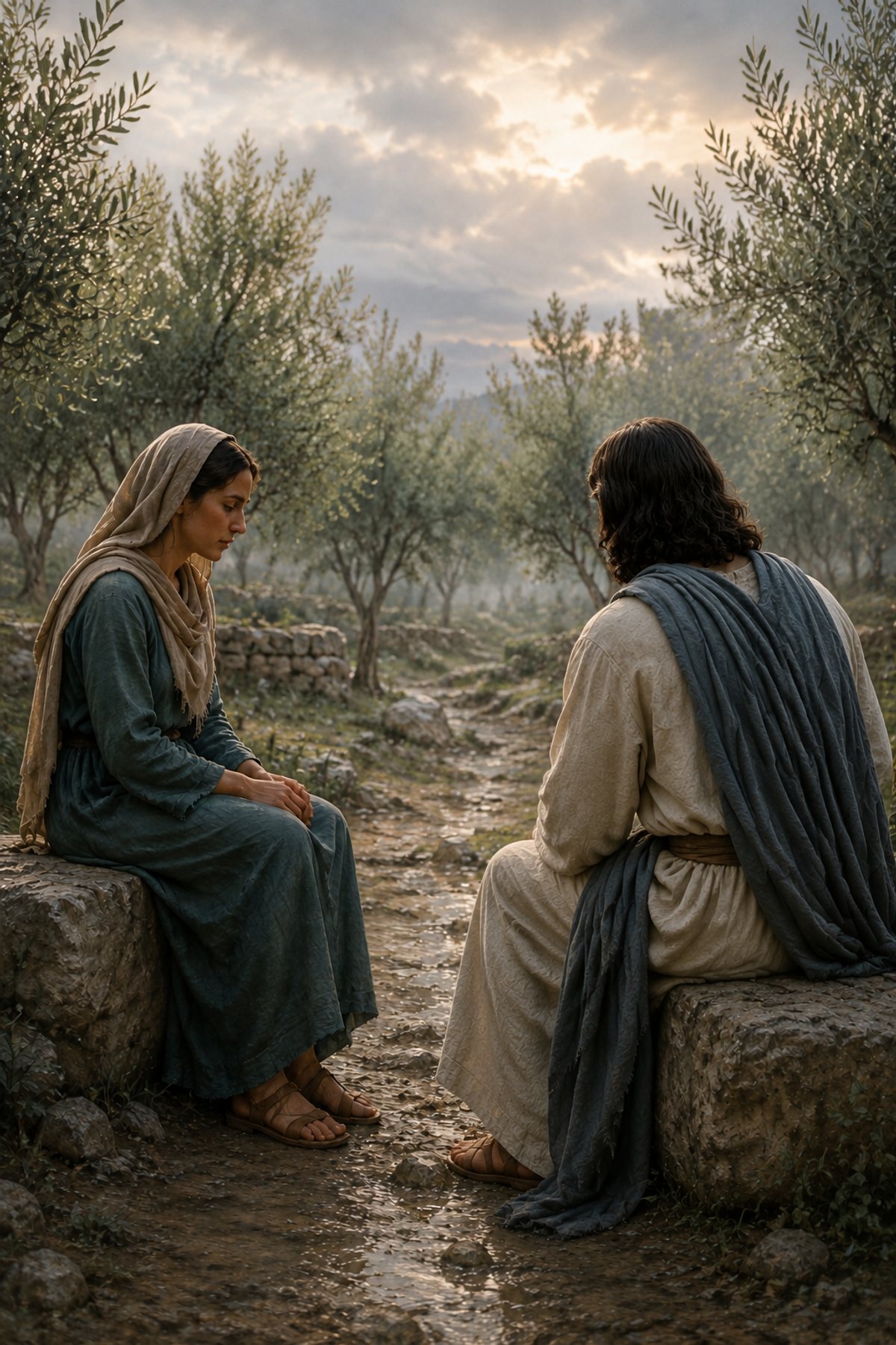 Jesus Comforting a Woman premium Christian wall art from the Jesus Comfort / Come Unto Me collection, with Jesus shown reverently without detailed facial depiction.