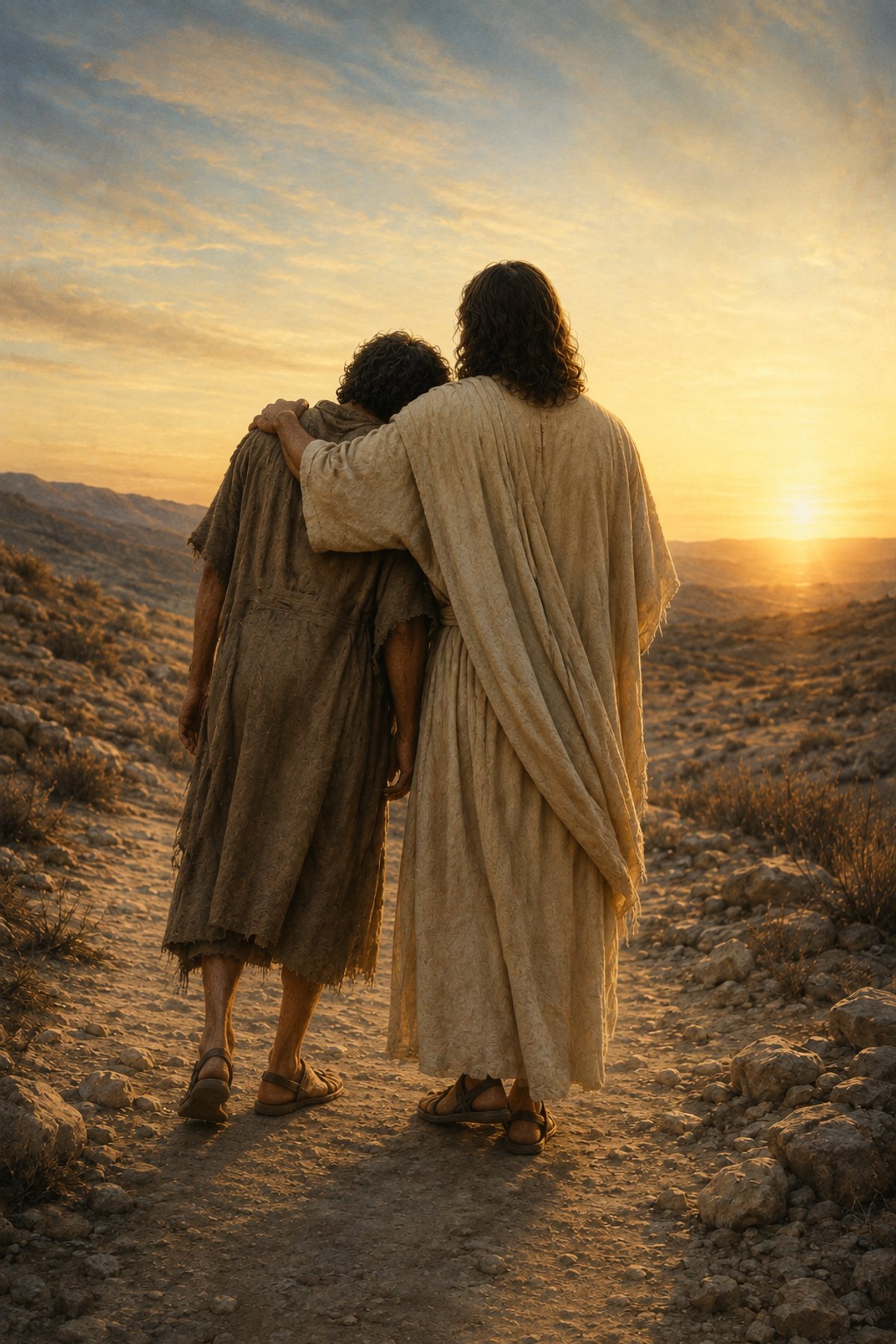 Jesus Holding the Weary premium Christian wall art from the Jesus Comfort / Come Unto Me collection, with Jesus shown reverently without detailed facial depiction.