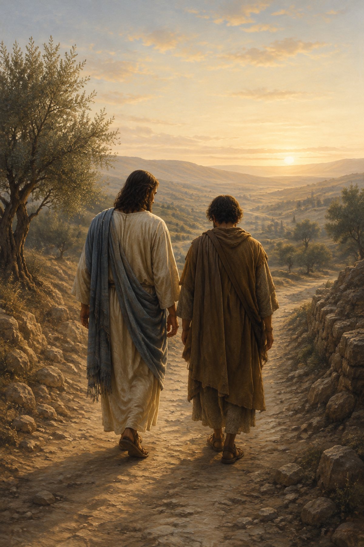 Jesus Walking Beside a Believer premium Christian wall art from the Jesus Comfort / Come Unto Me collection, with Jesus shown reverently without detailed facial depiction.
