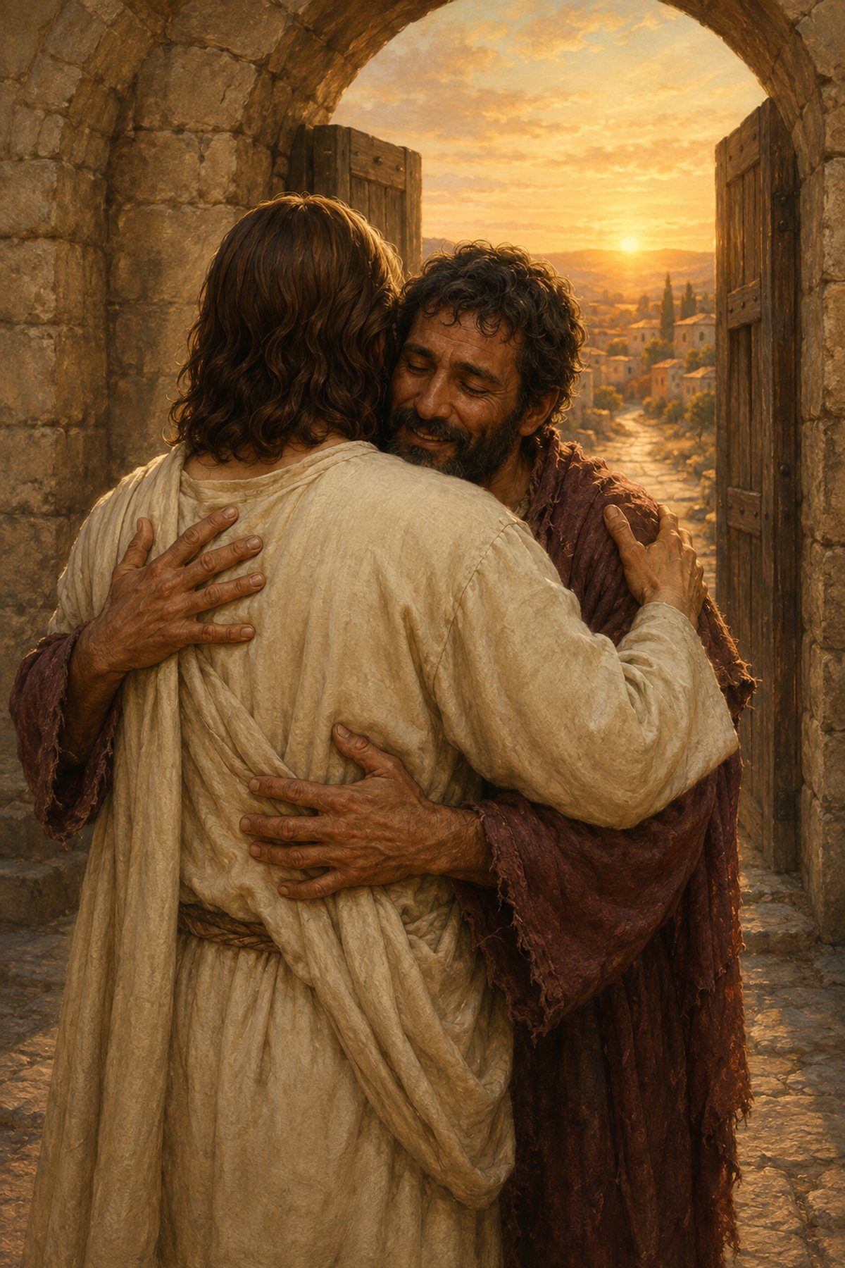 Jesus Embracing the Lost premium Christian wall art from the Jesus Comfort / Come Unto Me collection, with Jesus shown reverently without detailed facial depiction.