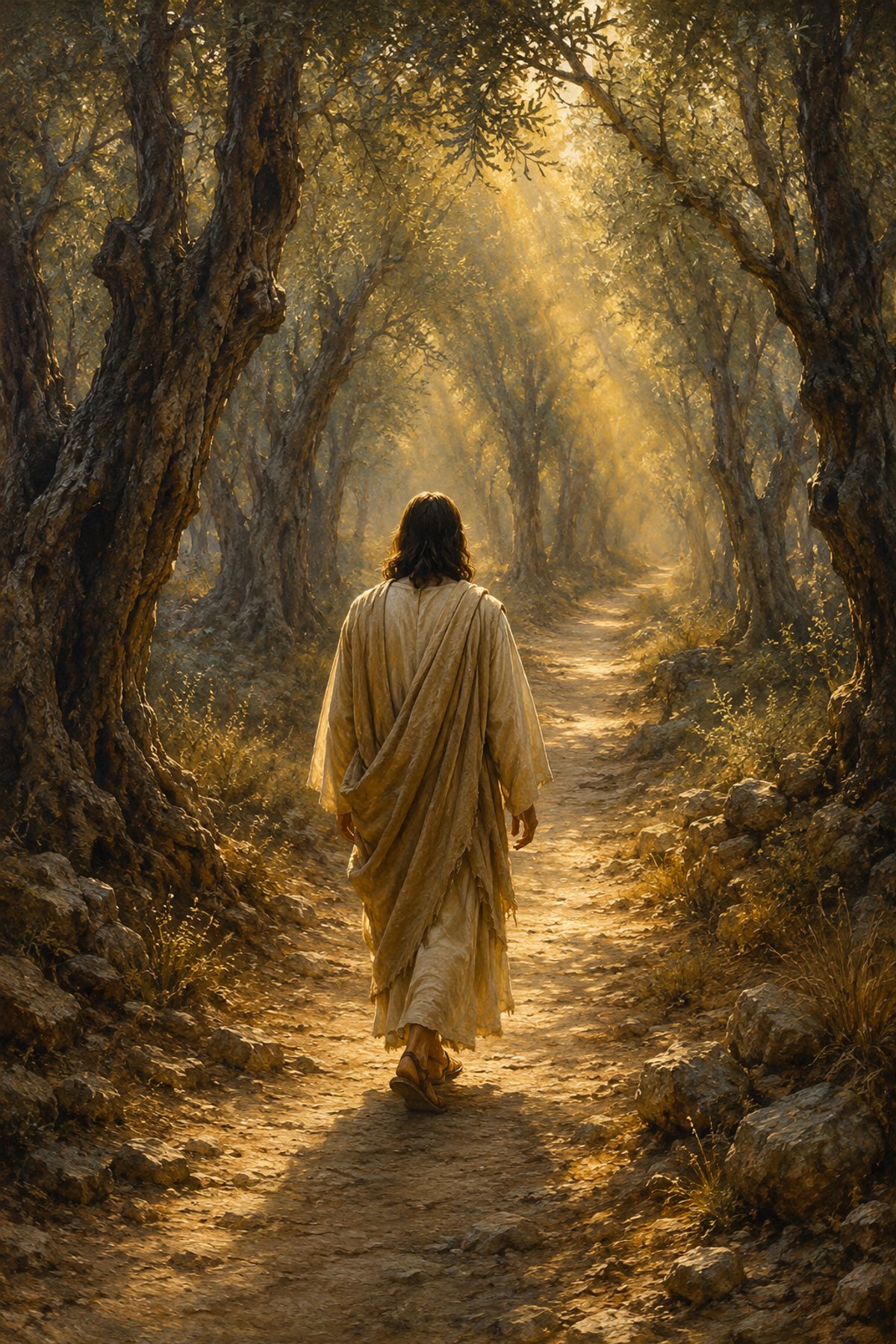 Jesus Walking Through Golden Light premium Christian wall art from the Light of the World collection, with Jesus shown reverently without detailed facial depiction.