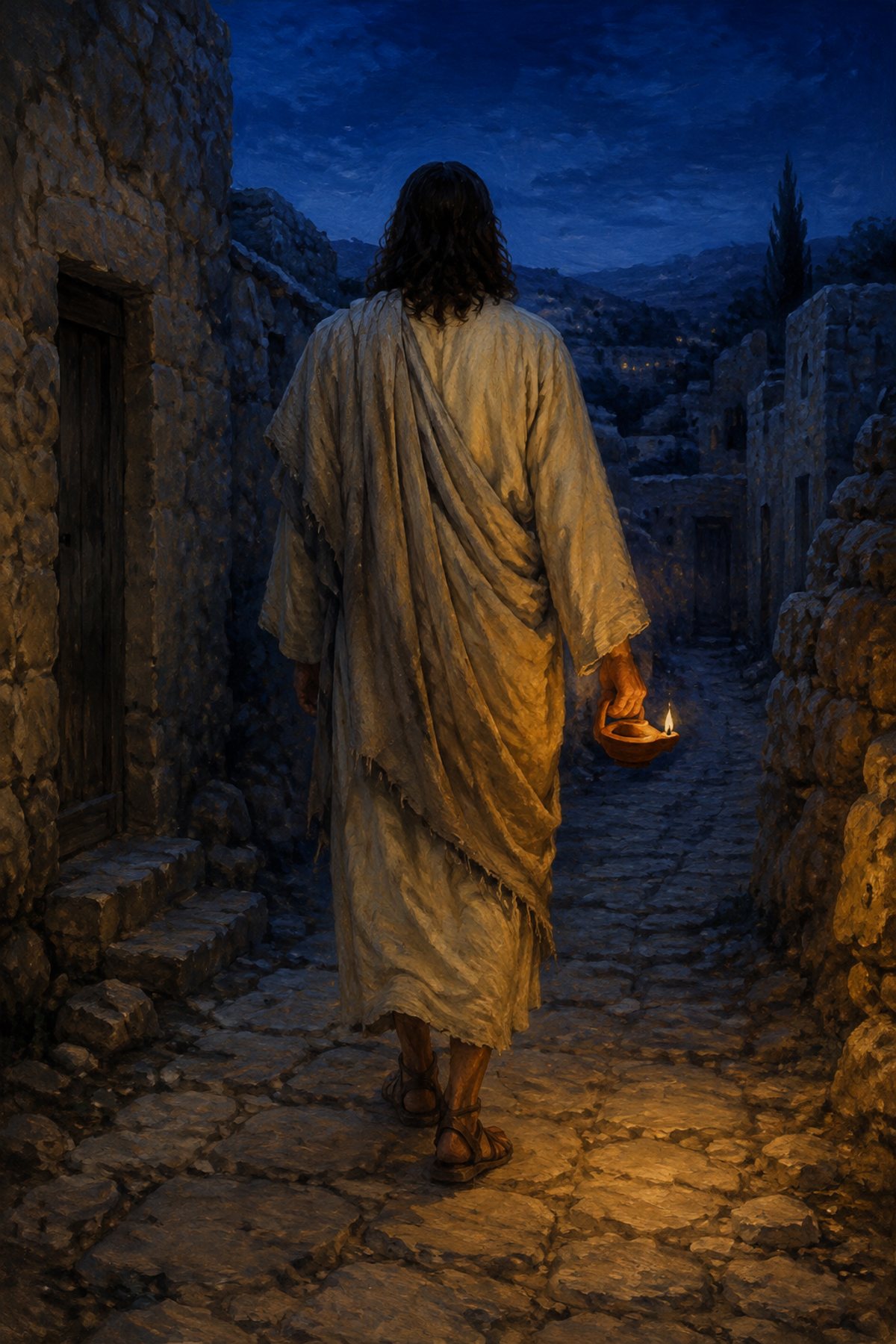 Jesus With Lantern Divine Light premium Christian wall art from the Light of the World collection, with Jesus shown reverently without detailed facial depiction.