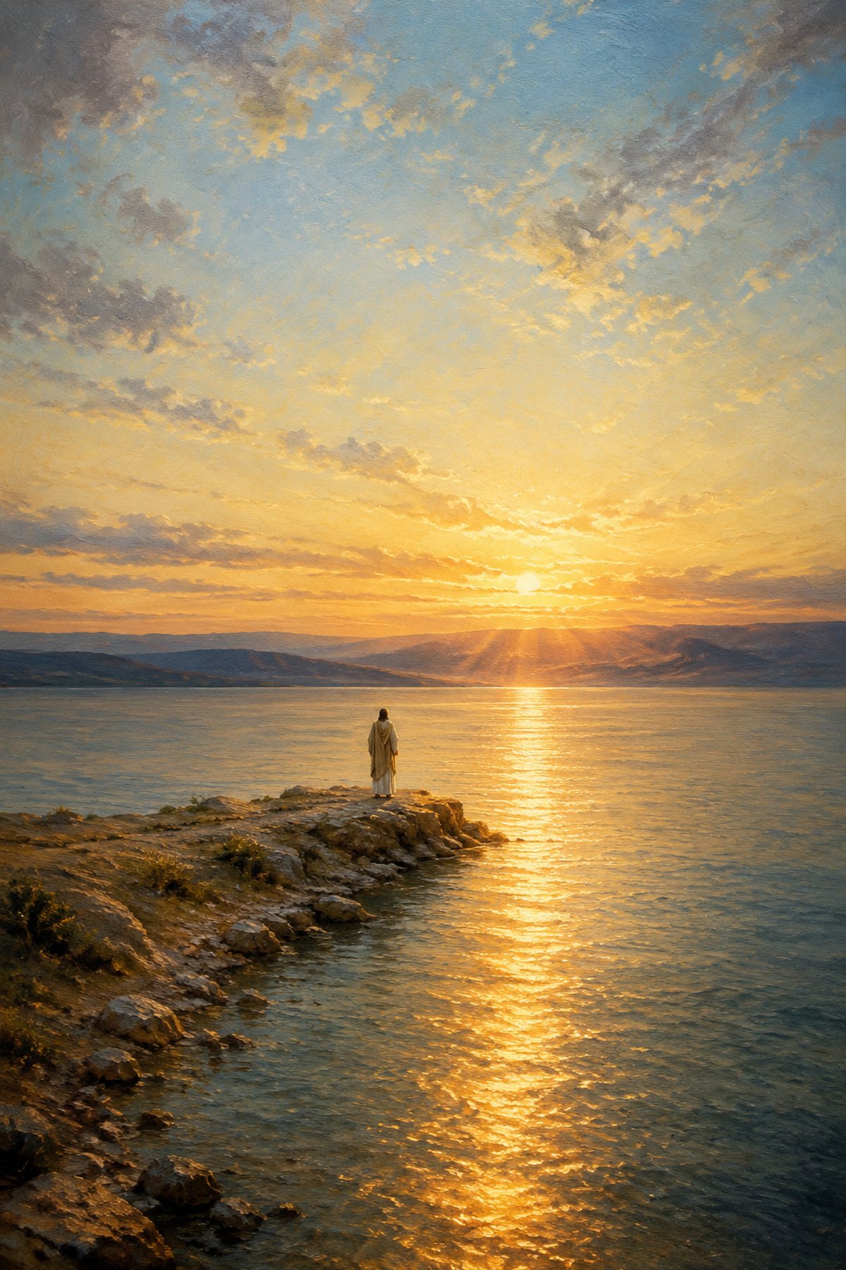 Jesus at Sunrise premium Christian wall art from the Light of the World collection, with Jesus shown reverently without detailed facial depiction.