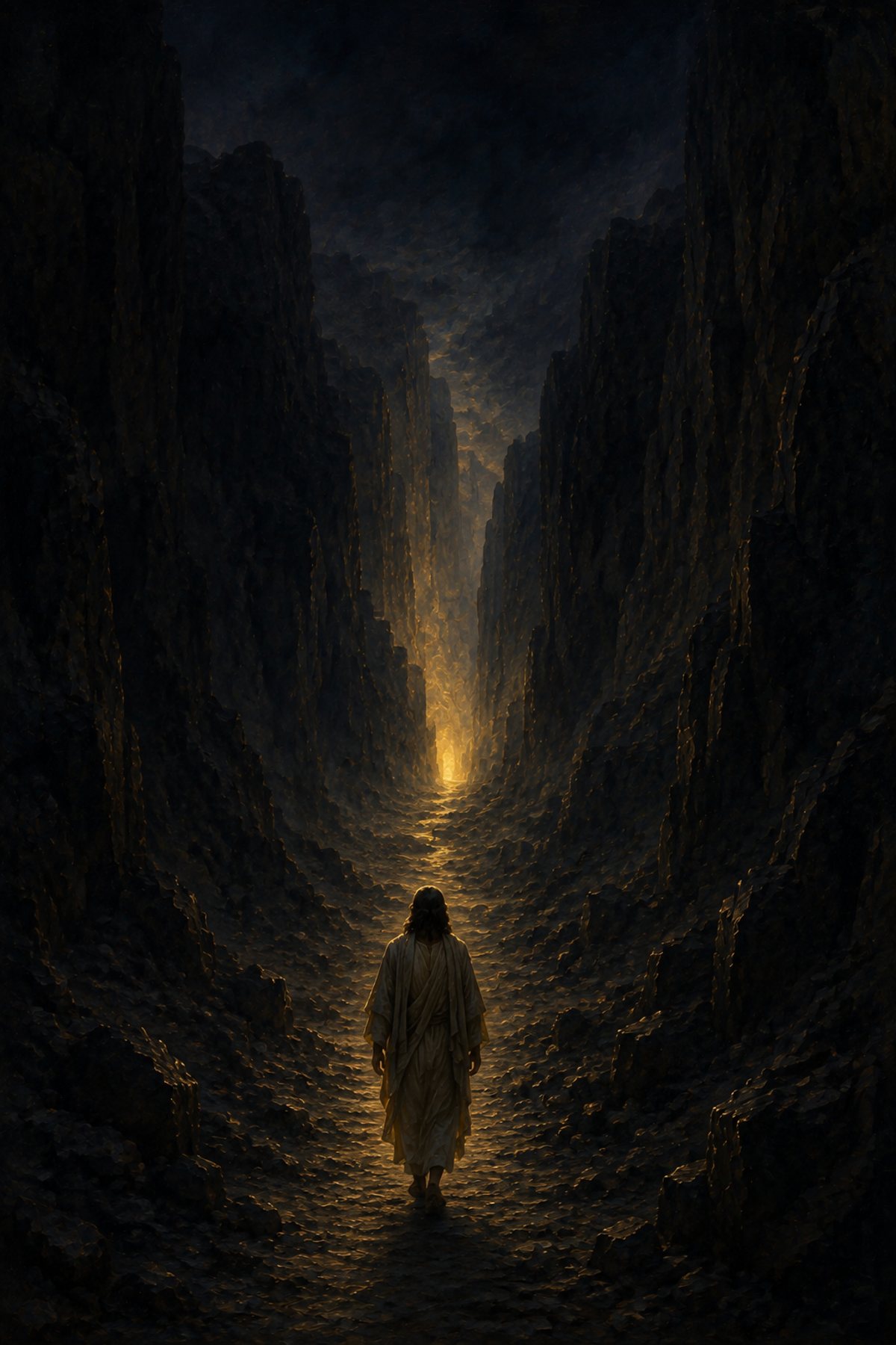 Light in the Darkness premium Christian wall art from the Light of the World collection, with Jesus shown reverently without detailed facial depiction.