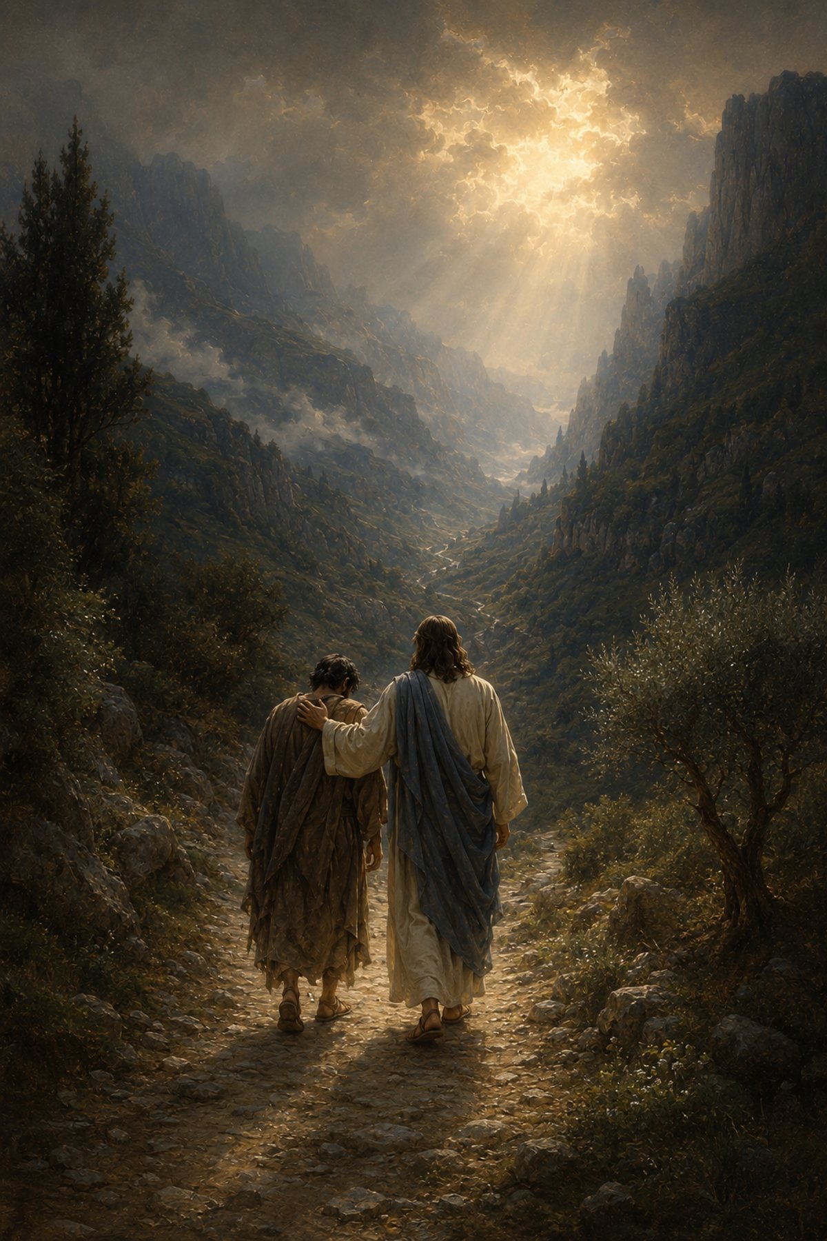 Jesus Through the Valley premium Christian wall art from the Light of the World collection, with Jesus shown reverently without detailed facial depiction.