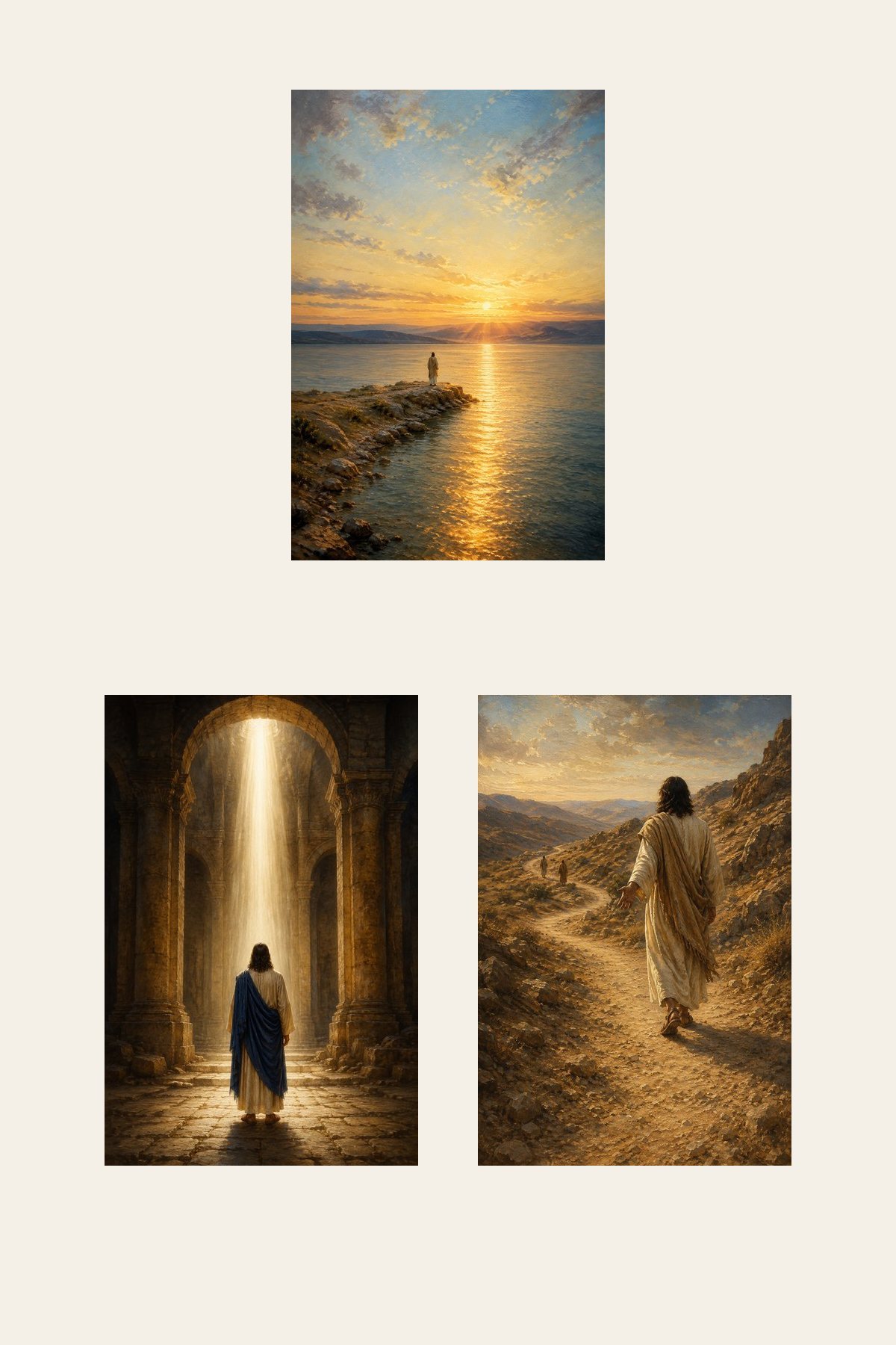 Sunrise and Follow Me Jesus Set of 3 premium Christian wall art bundle displayed as a clean gallery with all 3 included artworks visible.