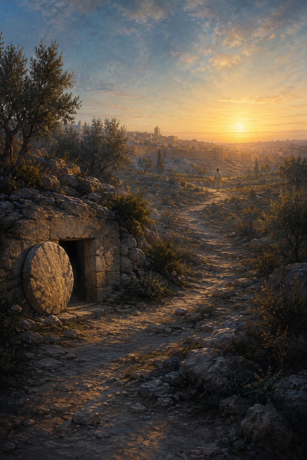 Textless He Is Risen Christian wall art showing an open garden tomb and a distant rear-view Jesus walking toward Jerusalem at sunrise.
