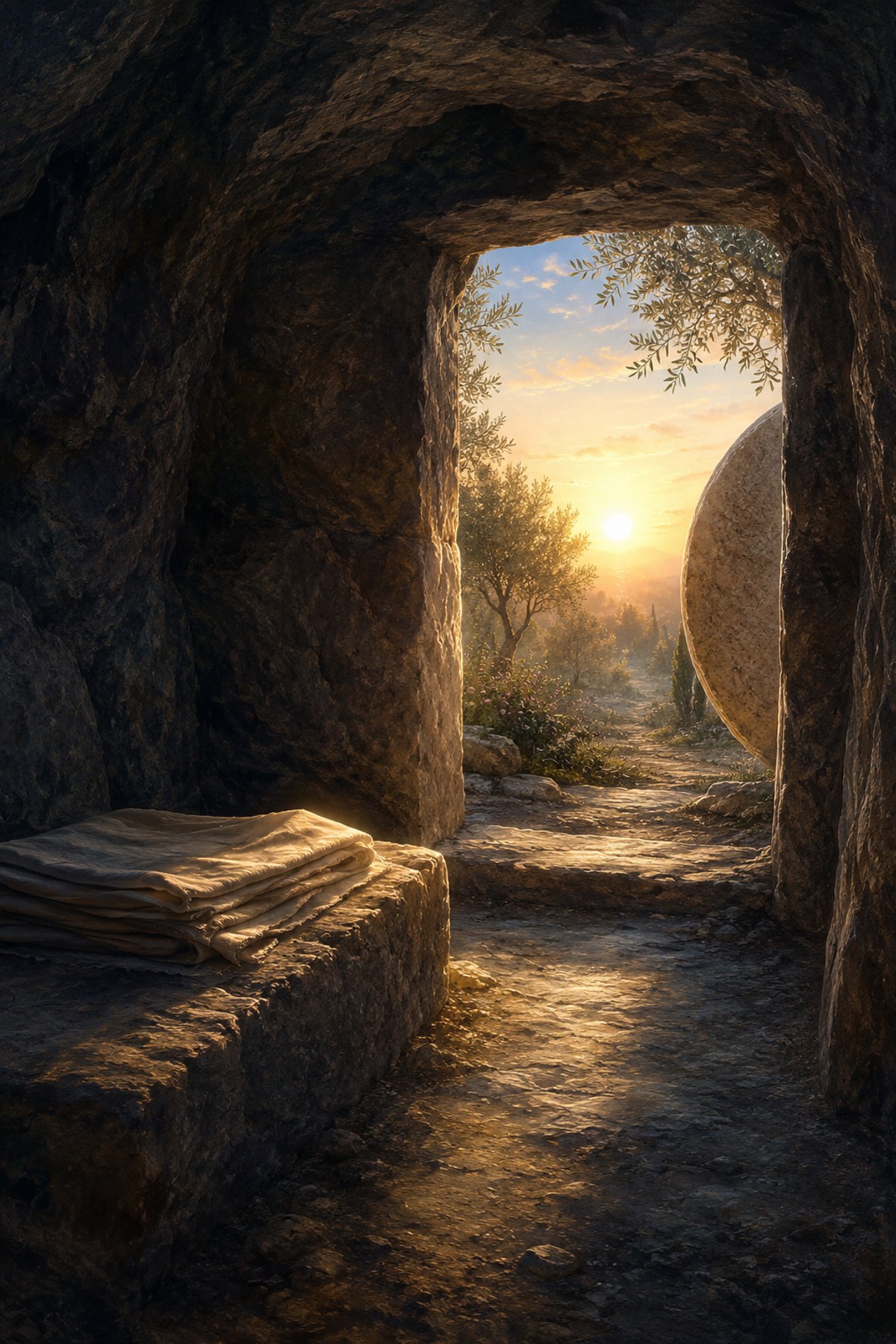Textless Empty Tomb at Sunrise wall art showing folded linen inside a rock-cut tomb, the moved stone, olive trees, and dawn light.