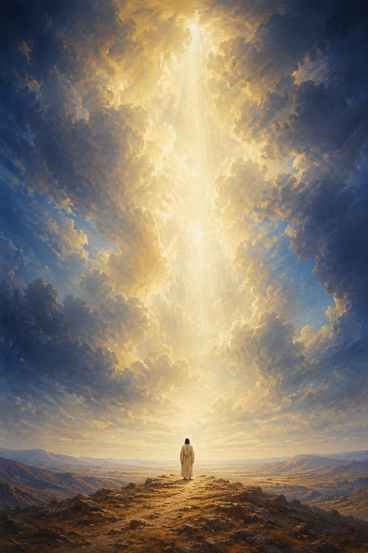 Textless Risen Jesus in Heavenly Light wall art showing a distant rear-view Christ beneath a white-gold opening in deep blue clouds.