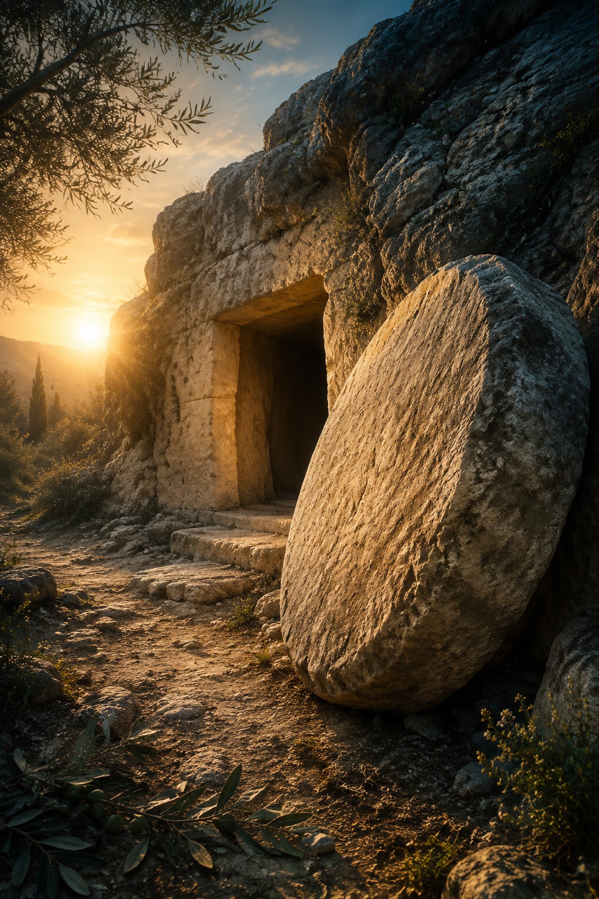 Textless Stone Rolled Away resurrection wall art showing a weathered sealing stone beside an open garden tomb at dawn.