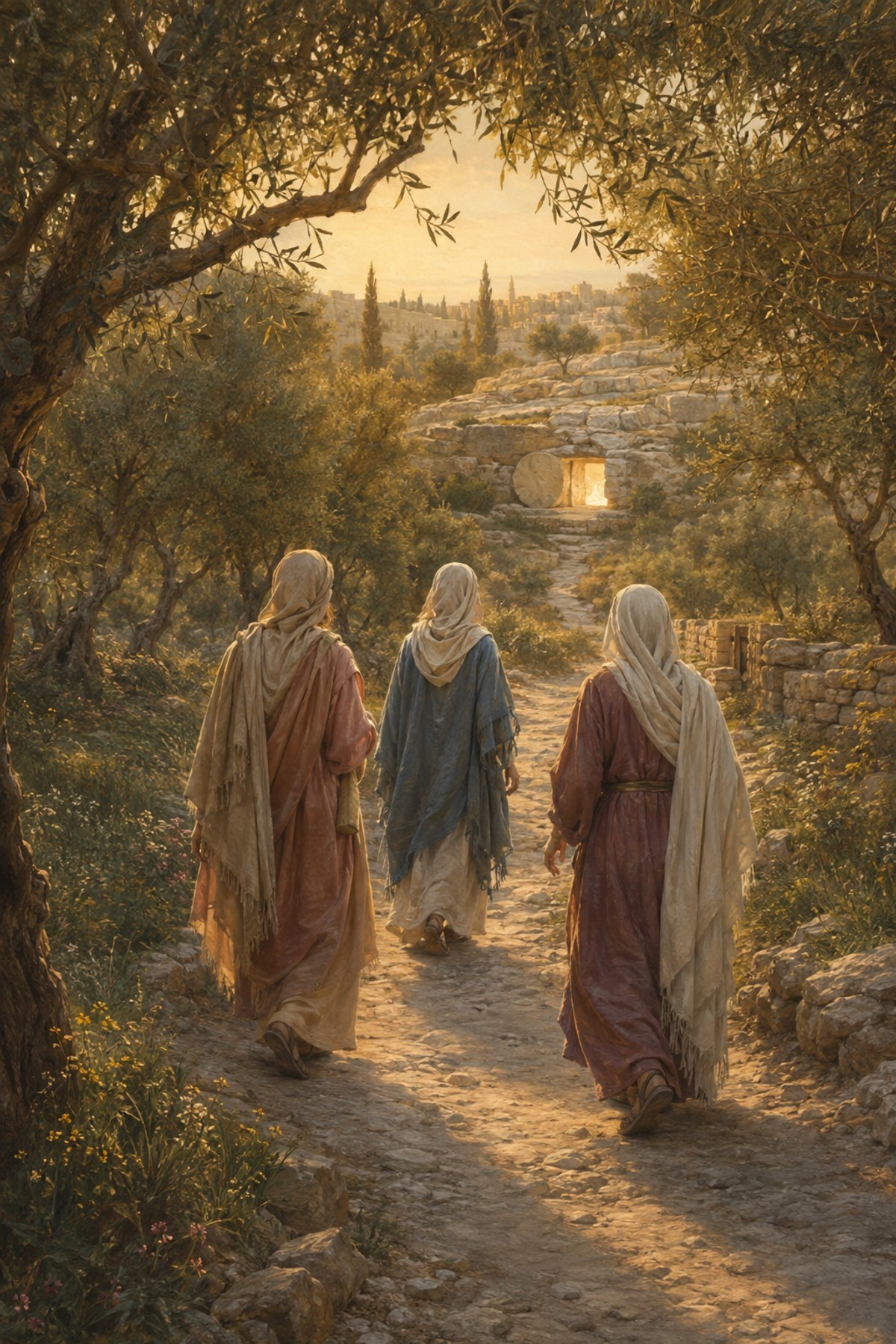 Textless Resurrection Morning wall art showing three women from behind walking through an olive grove toward a glowing empty tomb.