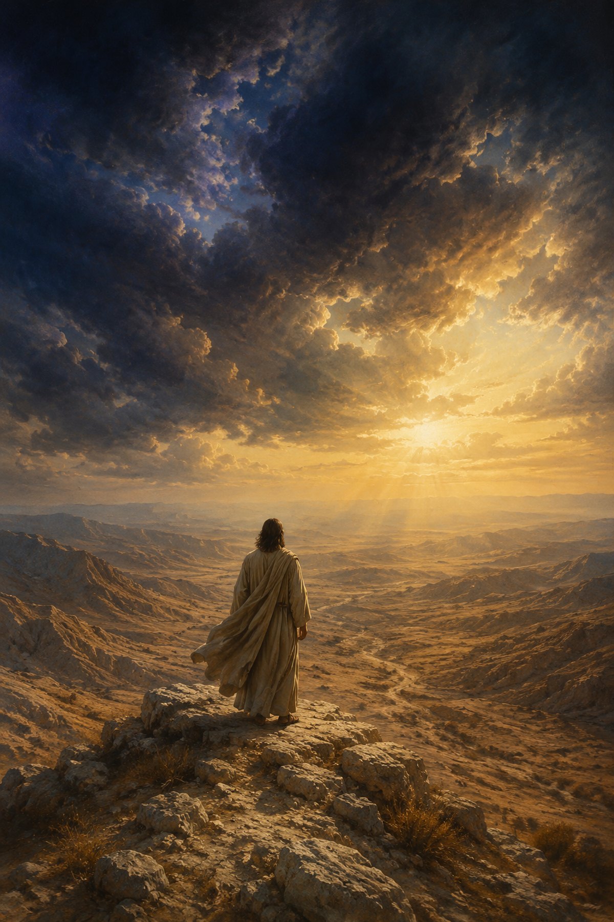 Textless Jesus Victorious wall art showing a distant rear-view Christ on a rocky summit as storm clouds break into golden light.