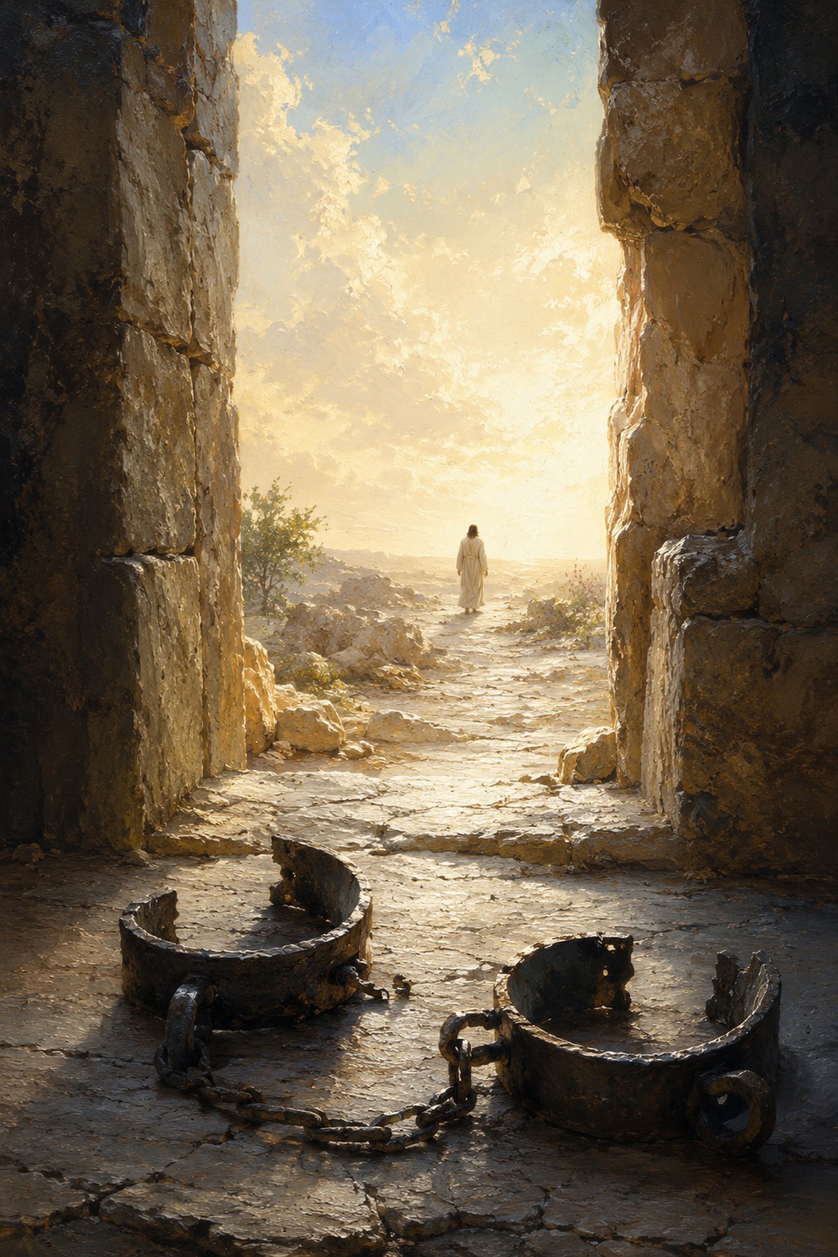 Textless Death Could Not Hold Him wall art showing broken chains before a ruined doorway and a distant rear-view Jesus in light.
