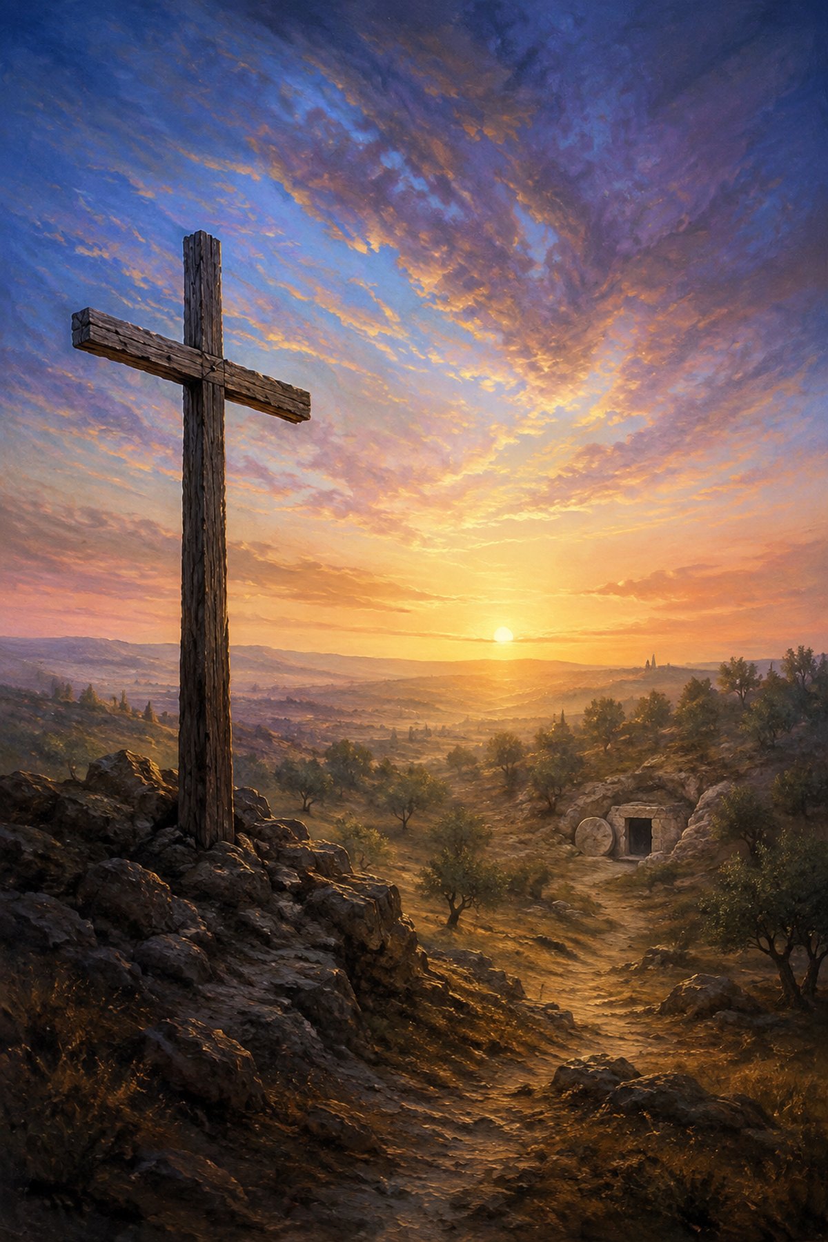 Textless Cross and Empty Tomb wall art showing a weathered cross, an open tomb across the valley, and a radiant sunrise.