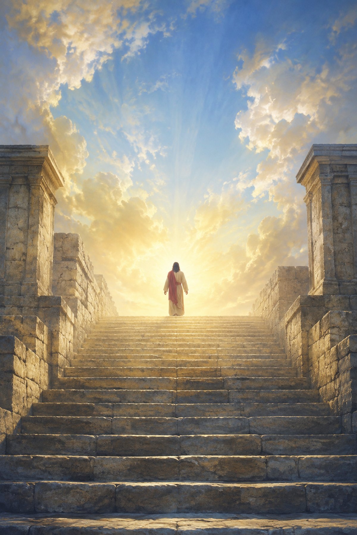 Textless King Jesus Risen Lord wall art showing a distant rear-view Christ ascending broad stone steps toward a radiant sky.